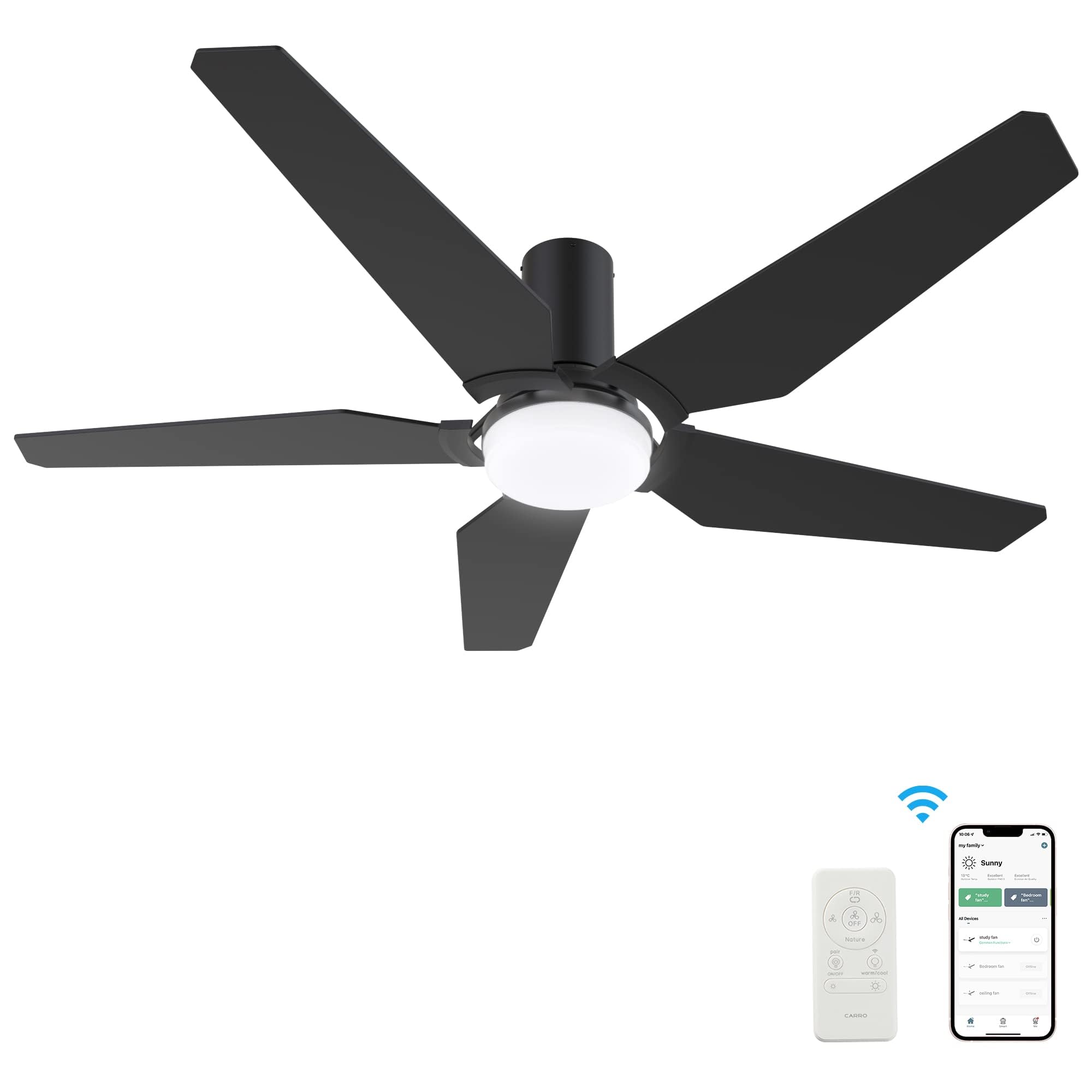 SMAAIR 52 Inch Smart Ceiling Fan with Dimmable LED Lights, Remote & WiFi App Control - Works with Alexa, Google Assistant & Siri - Black Outdoor Flush Mount Fan for Patio, Bedroom & Living Room