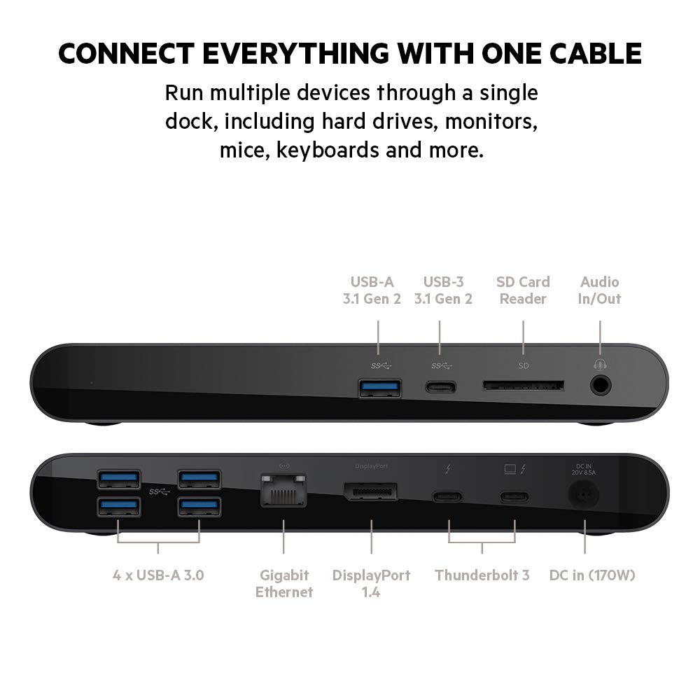 Belkin Thunderbolt 3 Dock Pro - USB-C Docking Station for Mac & Windows with 85W Charging | Dual 4K @60Hz, 40Gbps Transfer Speed | Includes Ethernet, SD Card Reader & Audio Ports | Perfect for Home Office, Video Editing & Multi-Monitor Setup