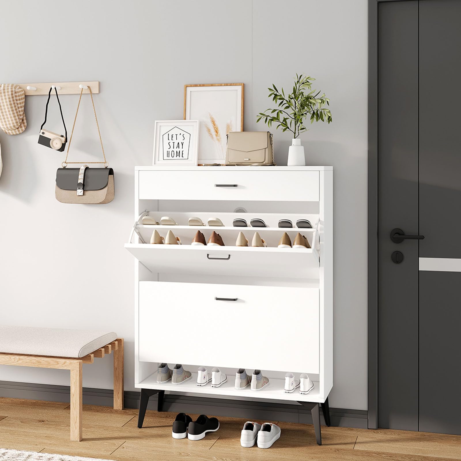 HANLIVES White Narrow Shoe Cabinet for Entryway - 4 Tier Wooden Shoe Storage Organizer with Flip Down Door & Drawer - Space Saving Shoe Rack for Hallway, Apartment, Closet - Perfect for Small Spaces & Home Organization