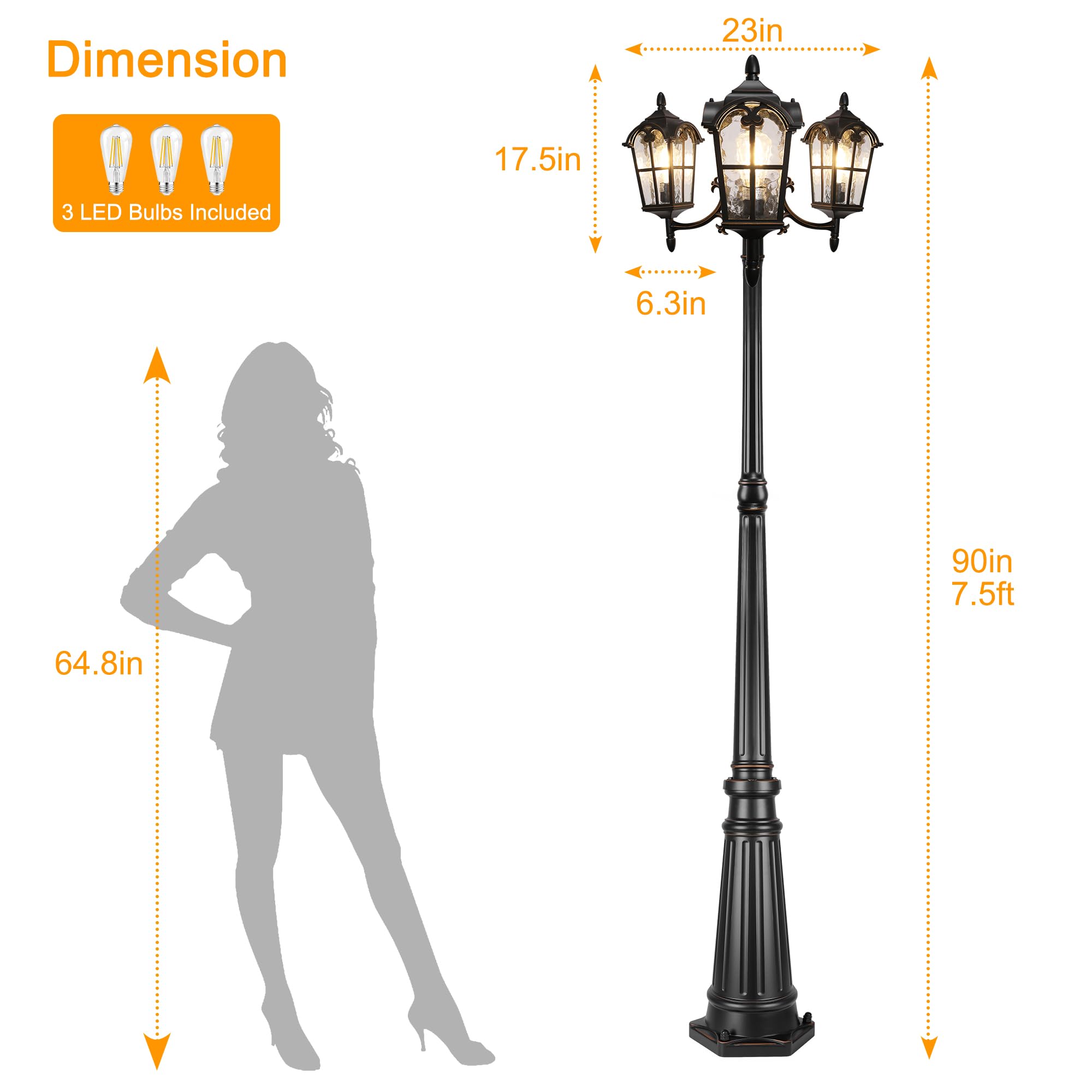 Black Roman Outdoor Lamp Post - Triple Head Aluminum Street Light with Water Glass, Waterproof Pole Lighting for Backyard, Garden, Patio, Driveway | Durable & Elegant Exterior Lighting for Pathways, Landscaping & Outdoor Decor