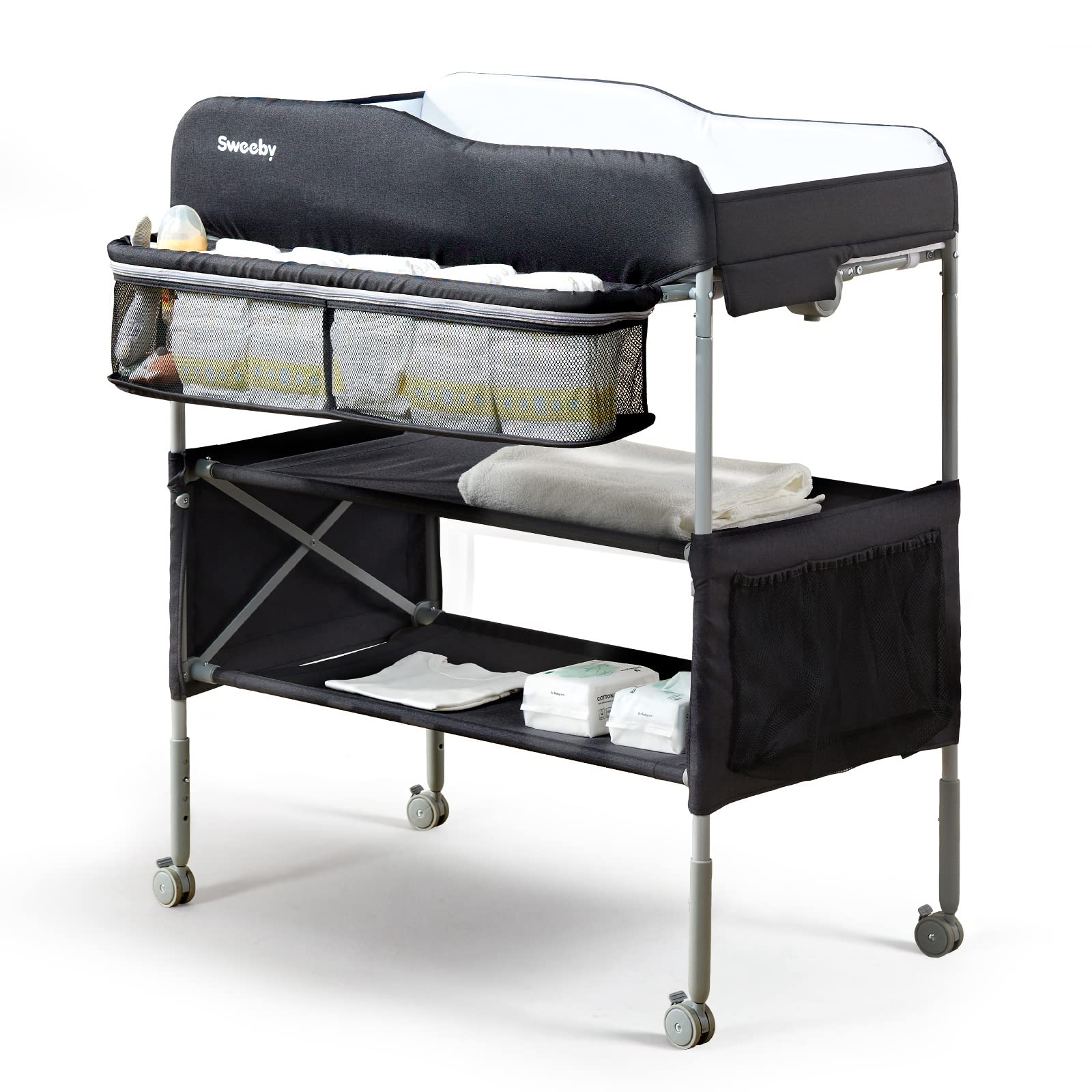 **Sweeby Portable Baby Changing Table - Foldable Diaper Changing Station with Waterproof Pad, Mobile Nursery Organizer for Infant & Newborn Essentials, Black - Perfect for Travel, Home & Daycare Use**