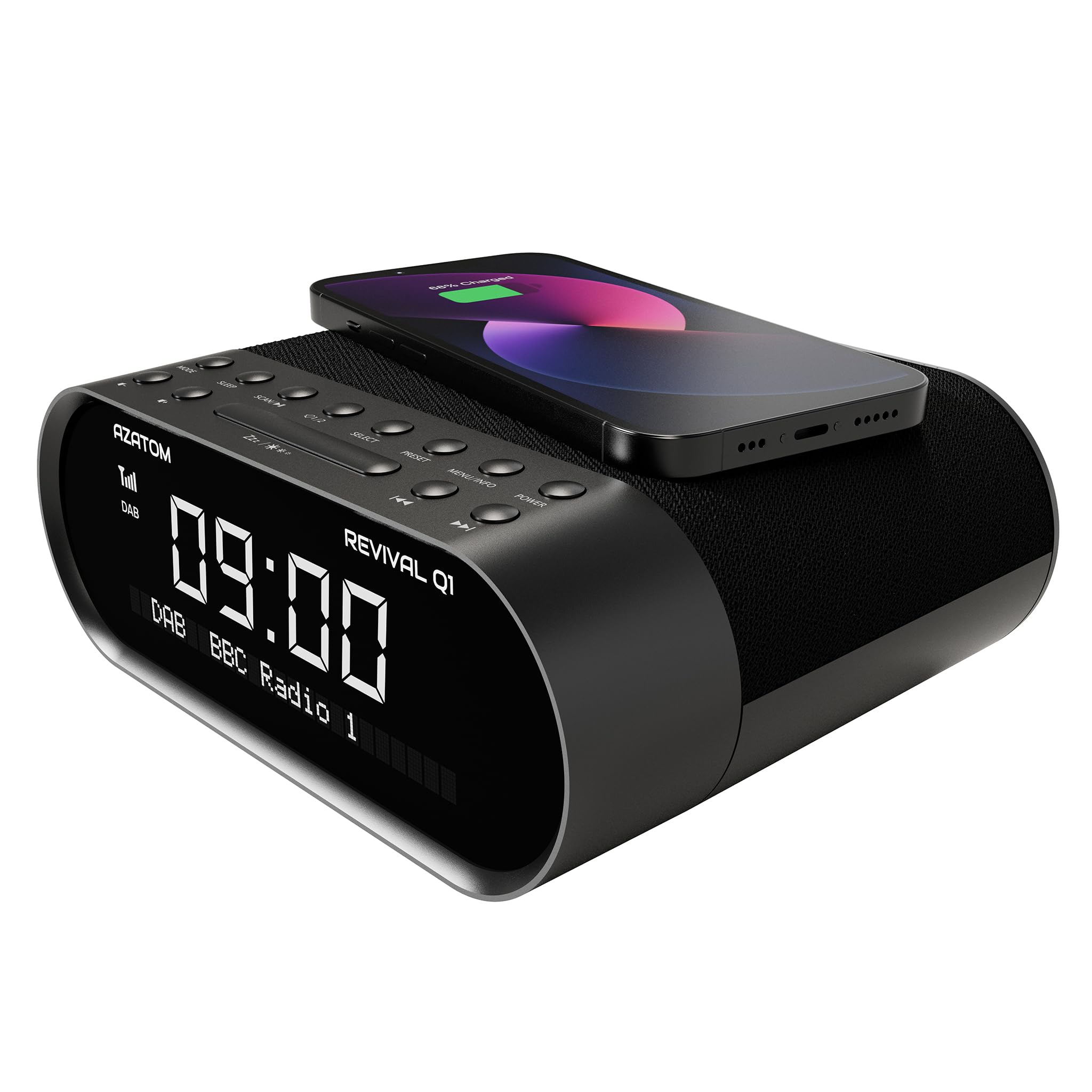 AZATOM Revival Q1 Black DAB+ Digital FM Clock Radio with Bluetooth, Wireless Charging & Dual Alarm - Bedside Alarm Clock with Sleep Timer, USB Port, AUX & Headphone Jack for Home, Office & Travel Use
