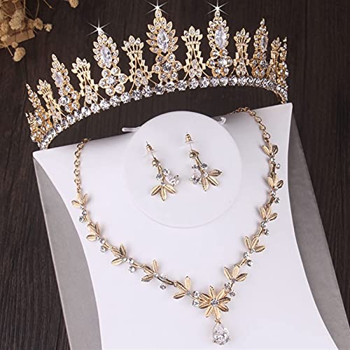 Baroque Vintage Gold Crystal Leaf Bridal Jewelry Set - Rhinestone Wedding Crown Tiara with Earrings & Necklace - African Beads 3-Piece Bridal Accessories for Weddings, Prom, Pageants & Special Occasions