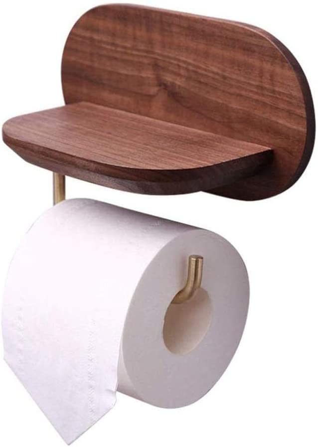 Baijiexun Solid Brass Wall Mount Wooden Toilet Paper Holder with Phone Shelf - Bathroom & Kitchen Tissue Roll Organizer Storage Rack - Perfect for Small Spaces, Modern Homes & Luxury Bathroom Decor
