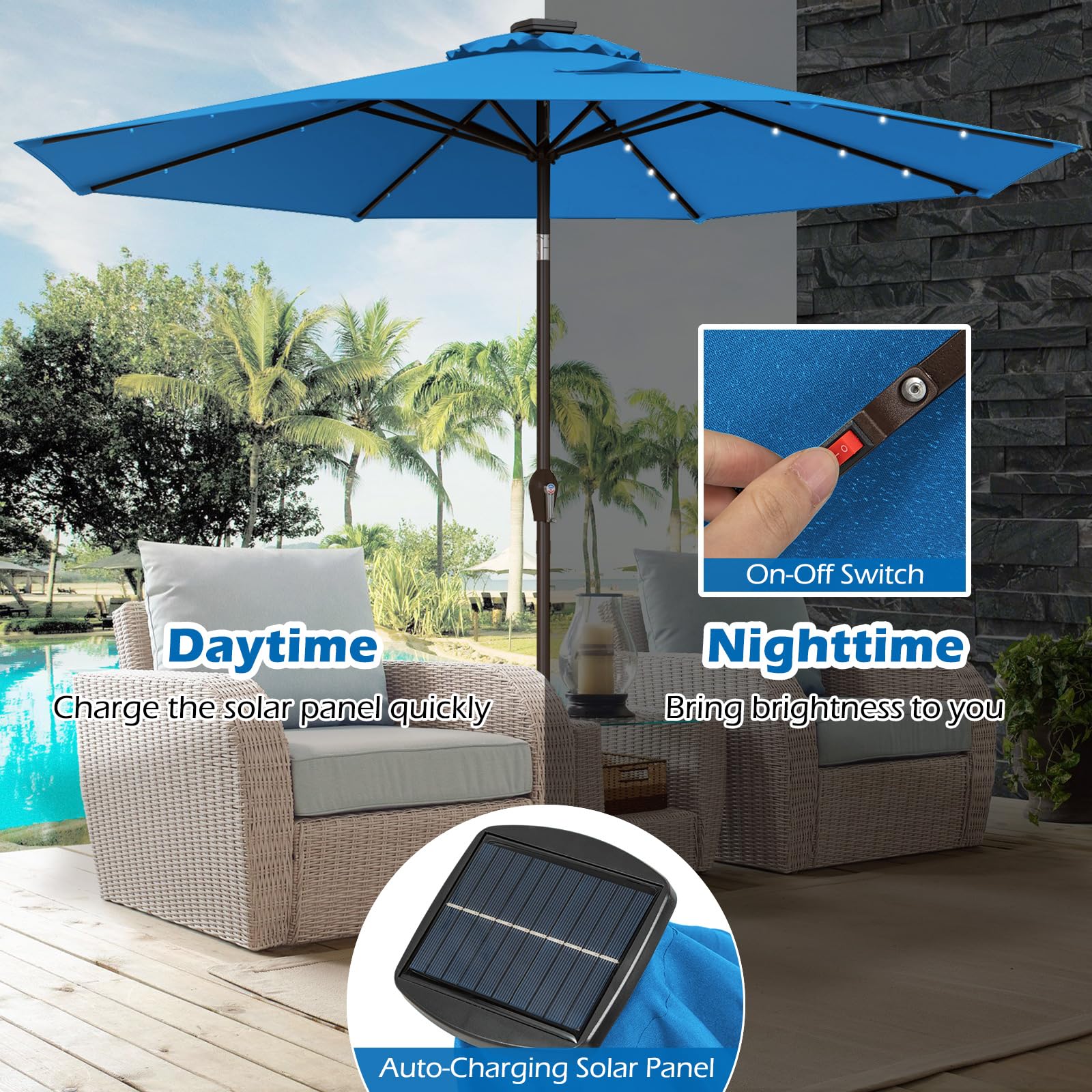 Giantex 9ft/10ft Solar LED Patio Umbrella with Crank & Tilt - Outdoor Market Umbrella for Backyard, Deck, Pool, Beach - Perfect for BBQs, Lounging & Outdoor Dining