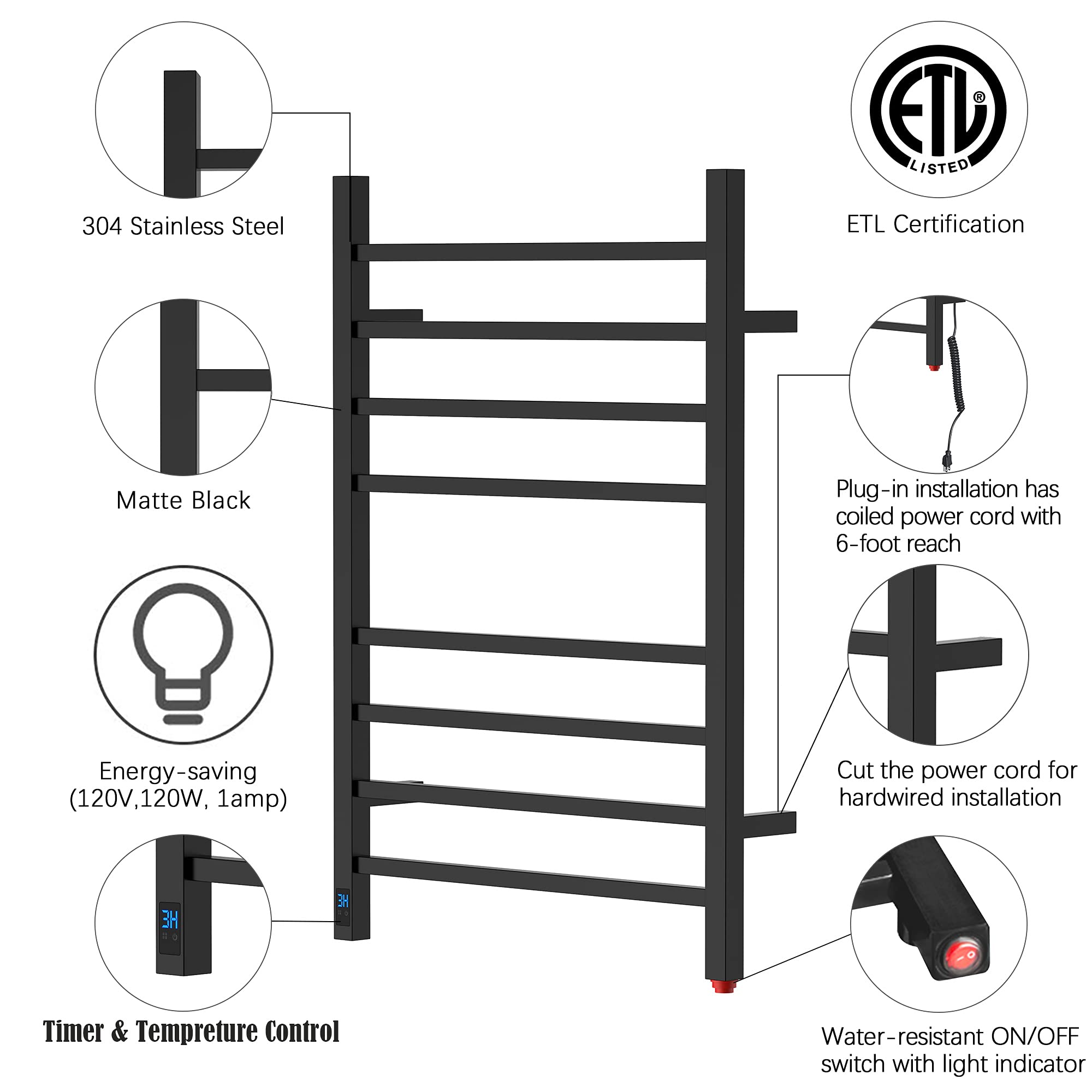 HEATGENE Electric Towel Warmer with Timer & Temperature Control - 8 Square Bar Wall-Mounted Towel Rack | Plug-in or Hardwired Installation | Matte Black | Perfect for Bathrooms, Spas & Luxury Homes