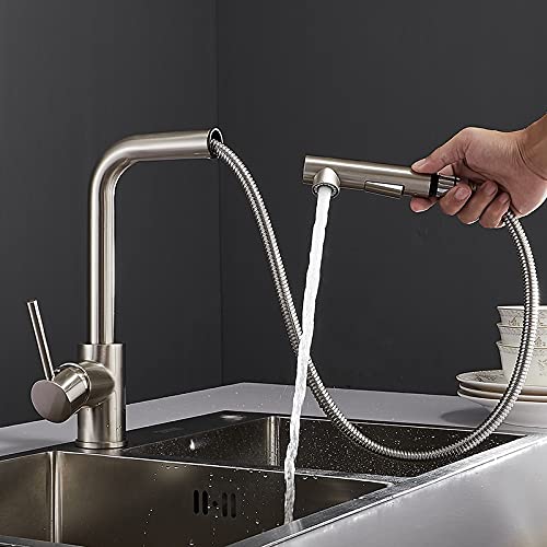 OMOONS Nickel High Arch Pull-Out Kitchen Faucet for Farmhouse & Commercial Use