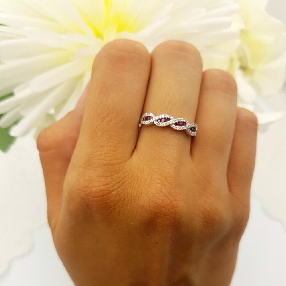 10K Solid Gold Round Ruby & White Diamond Stackable Wedding Band Swirl Ring for Bridal, Anniversary, Engagement - Perfect for Stacking, Gift Giving & Special Occasions