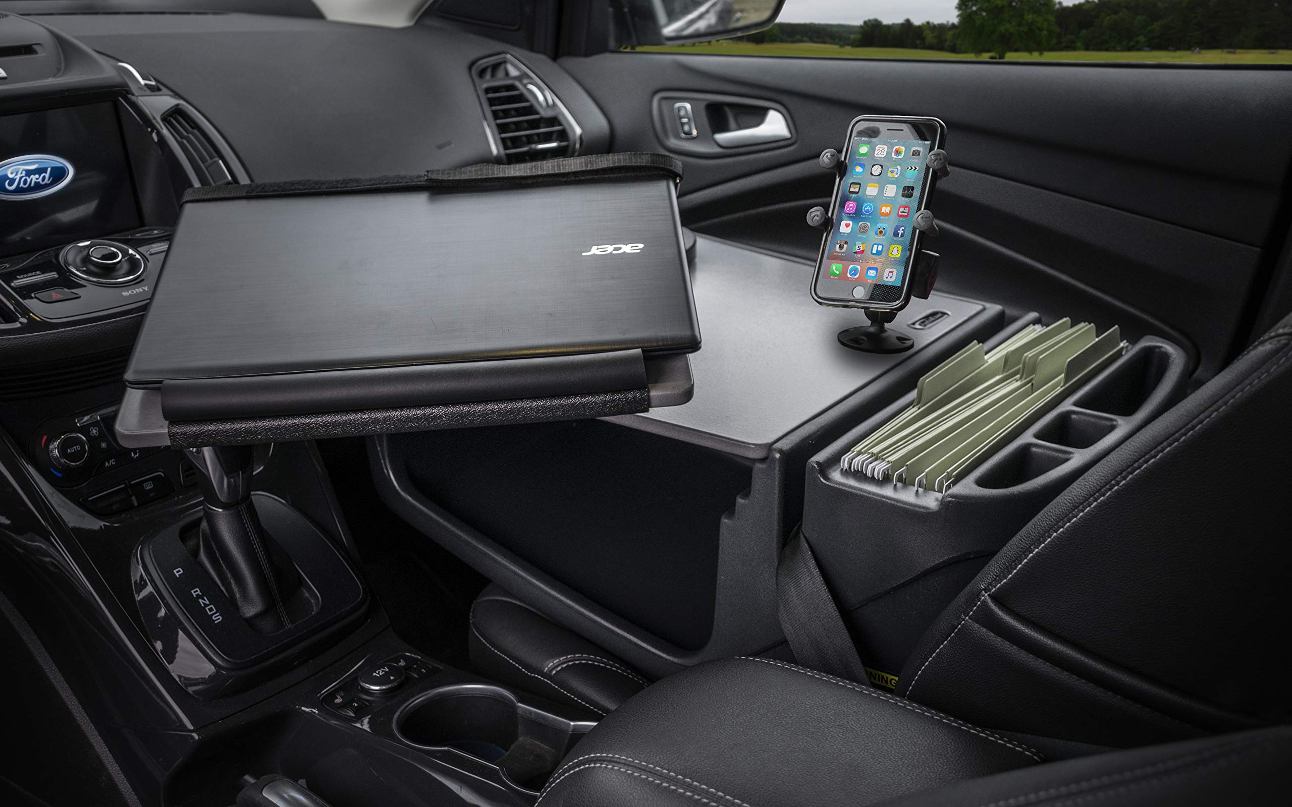 AutoExec AUE10010 Reach Front Seat Car Desk with Phone Mount - Grey Finish for Laptops, Tablets & Work on the Go - Perfect for Road Trips, Commuting & Remote Work