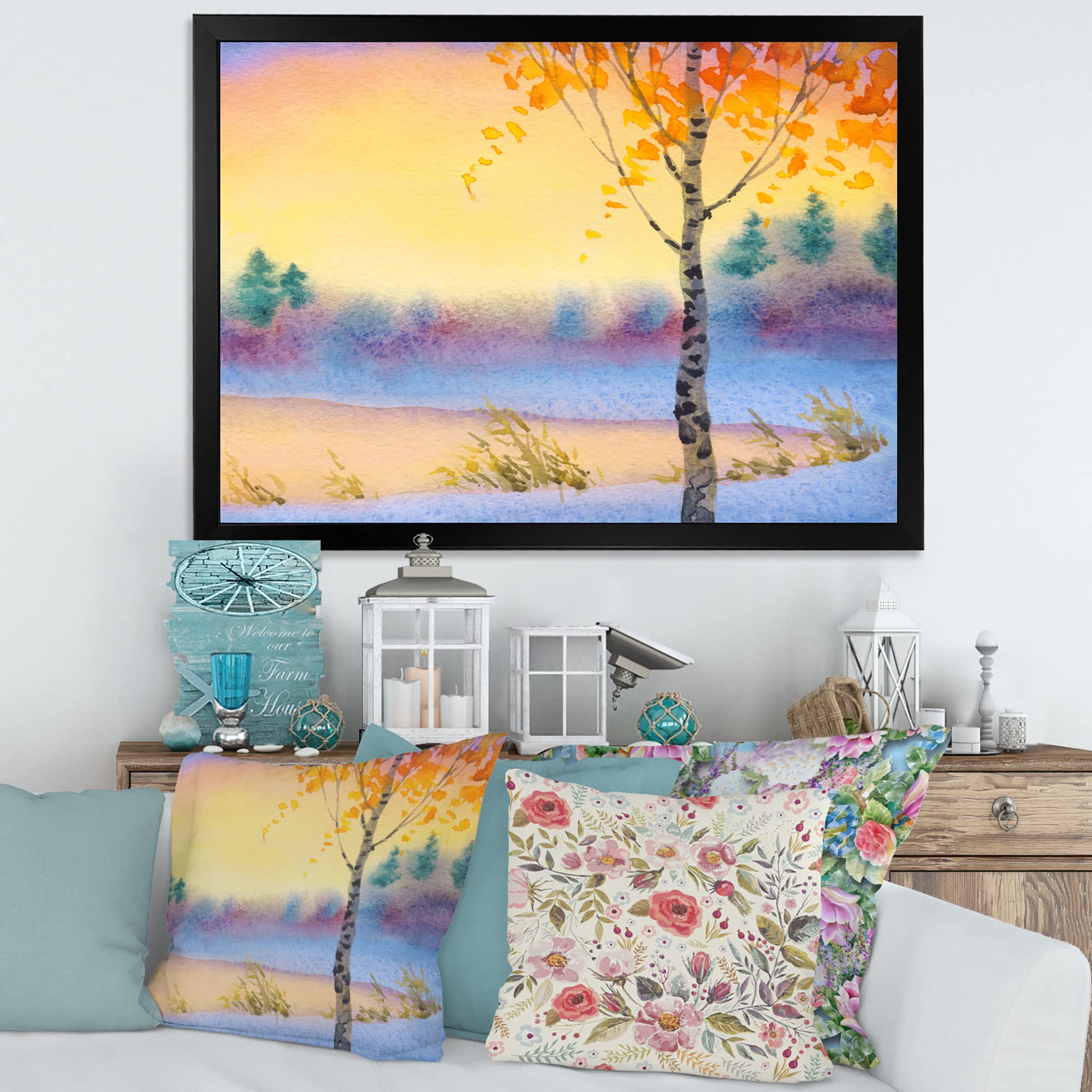 DesignQ Winter Landscape Evening Sky Over Lake Traditional Framed Wall Art - Nature Scenery Canvas Painting for Living Room, Bedroom & Office Decor