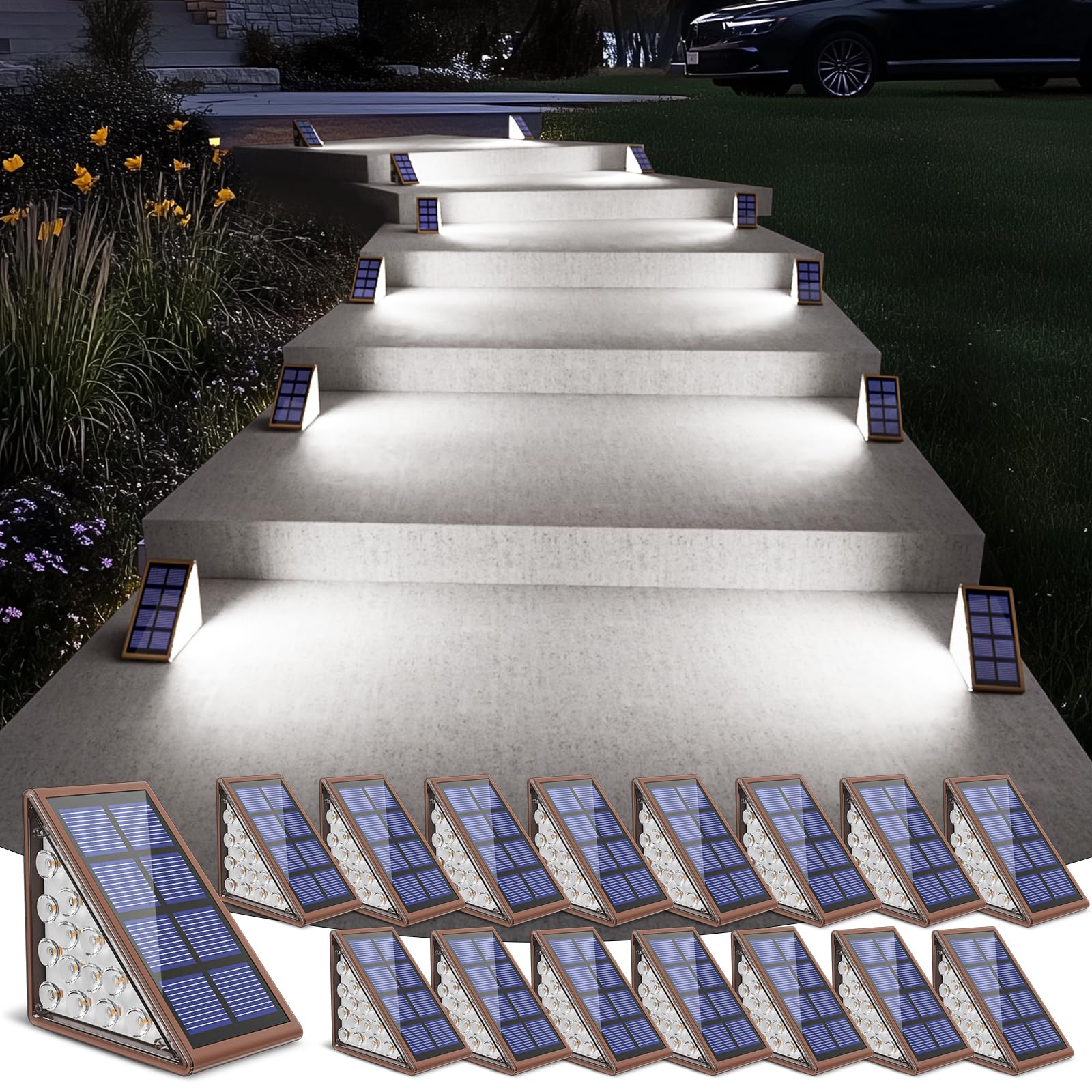 16 Pack NIORSUN Solar Stair Lights Outdoor Waterproof IP67 - Cool White Solar Step Lights for Steps, Stairs, Patio, Yard, Porch, Front Door, Sidewalk & Deck Decor - Auto On/Off - Perfect for Outdoor Lighting, Pathway Safety & Landscape Enhancement