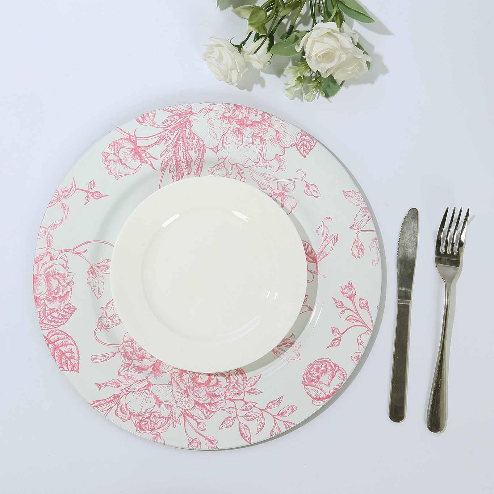 Efavormart 6-Pack White & Pink Floral Acrylic Charger Plates - French Toile Pattern Round Dinner Plates for Weddings, Parties & Events (13 Inch) - Elegant Table Decor for Dining & Special Occasions