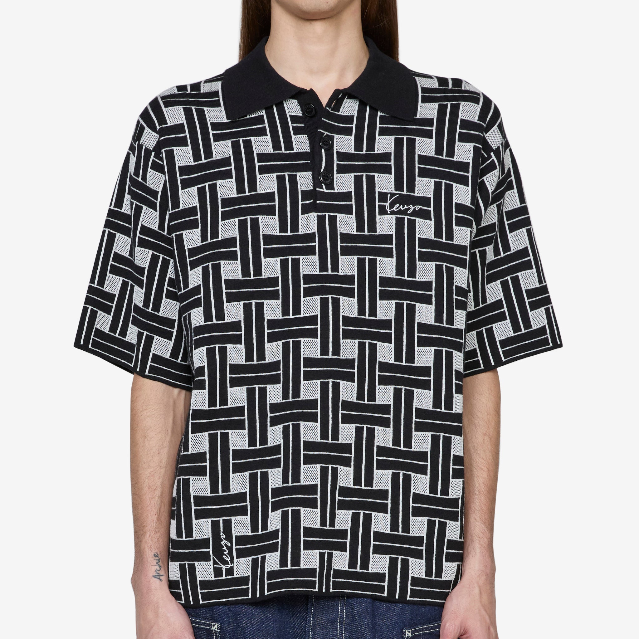 KENZO Weave Embroidered Polo Shirt for Men - Black Cotton Casual Wear for Office & Weekend Outings