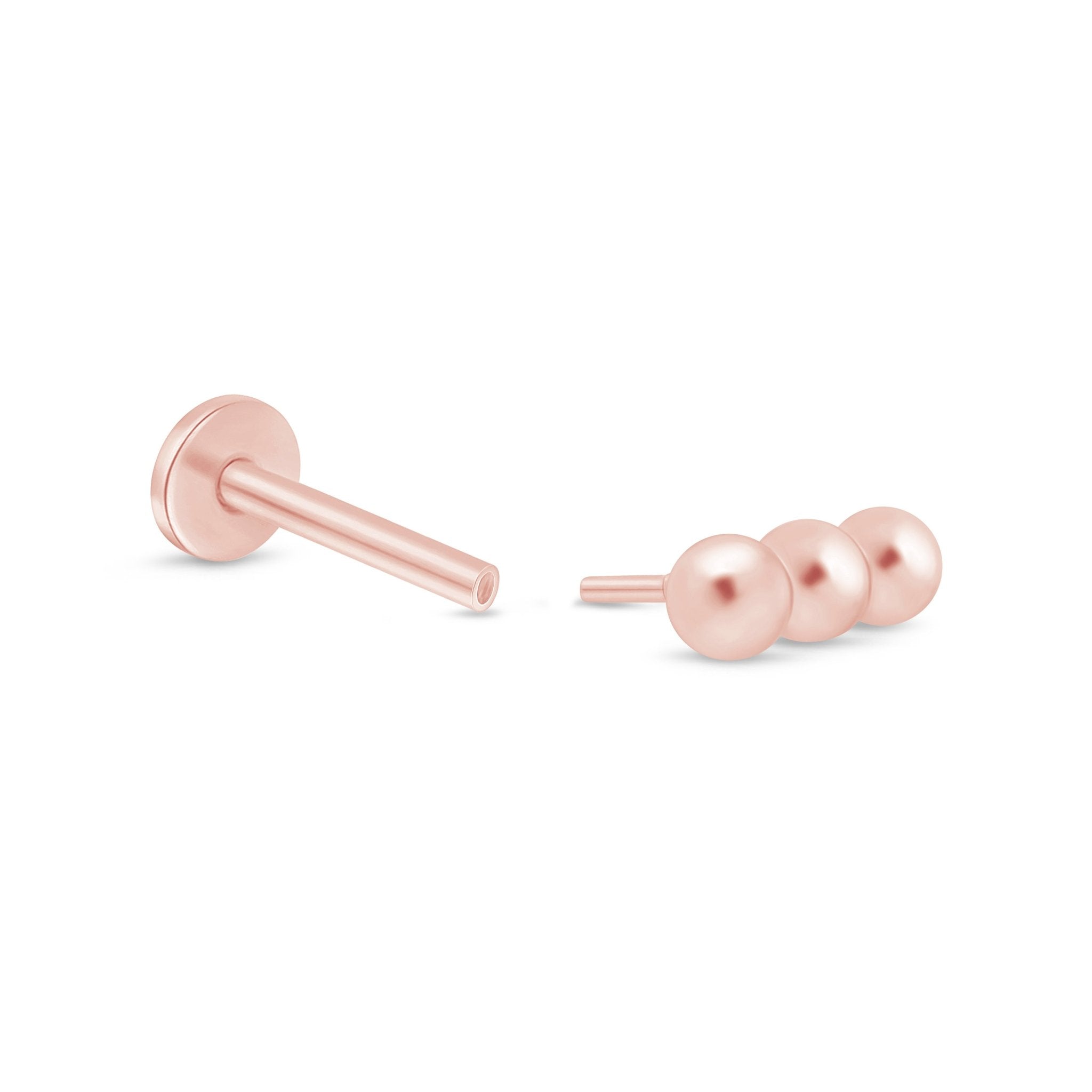 14K Rose Gold Three Bead Bar Flat Back Stud Earrings - Minimalist Dainty Jewelry for Everyday Wear, Gift for Her, Wedding & Special Occasions
