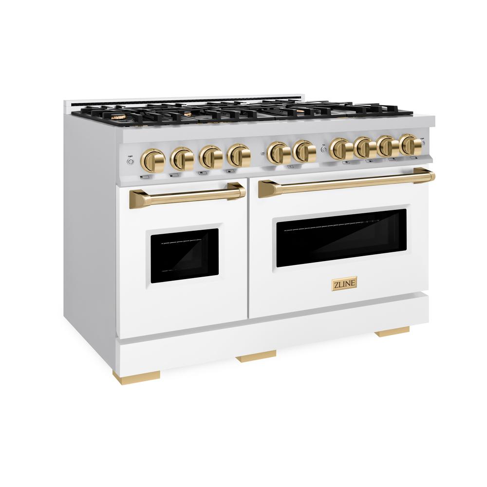 ZLINE Autograph Edition 48-inch 6.7 cu. ft. Classic Double Oven Dual Fuel Range with 8-Burner Gas Cooktop - Stainless Steel with White Matte Doors & Polished Gold Accents (CDRZ WM 48 G) - Perfect for Professional Kitchens & Luxury Home Cooking