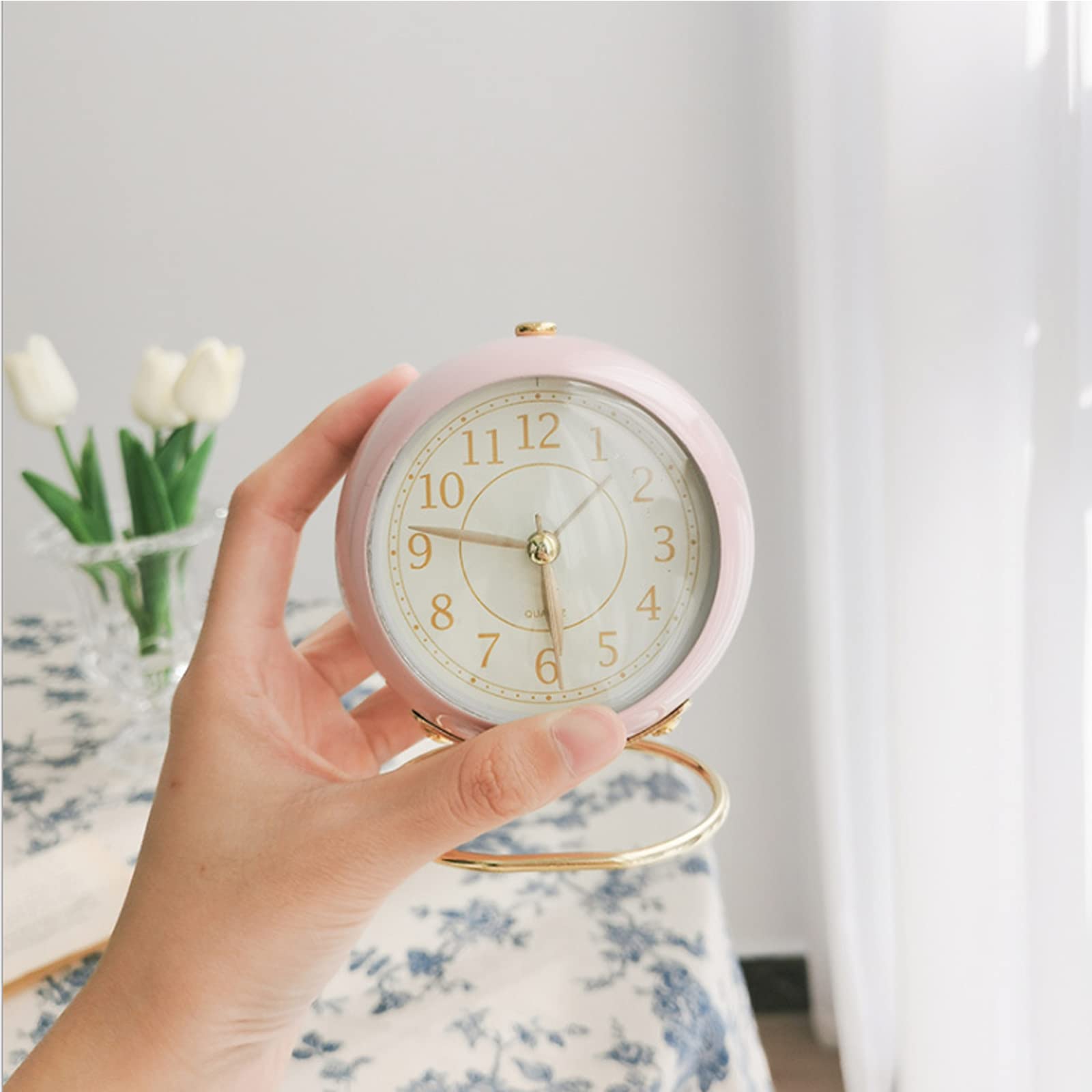 Hongyada Classic Small Table Clock - Silent Non-Ticking Desk Alarm Clock with Backlight, Battery Operated, HD Glass Display for Bedroom, Living Room, Kitchen & Office | Perfect Gift for Kids, Women & Men | Ideal for Nightstands, Desks, and Home Decor (Pink)