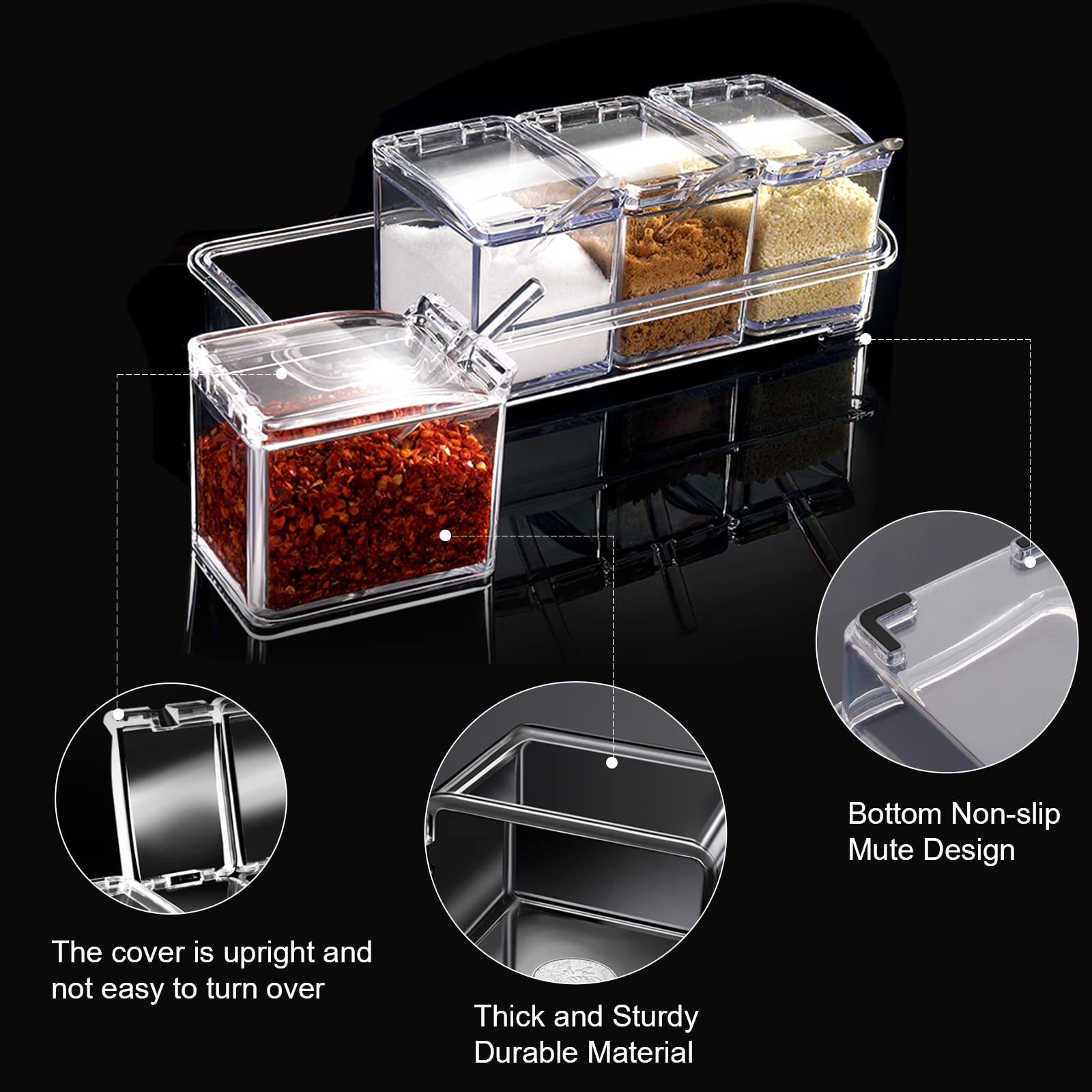 ZGWJ 4-Piece Clear Acrylic Kitchen Spice Jars with Lids & Spoons - Airtight Seasoning Storage Containers for Salt, Sugar, Spices - Perfect for Pantry Organization & Cooking Essentials