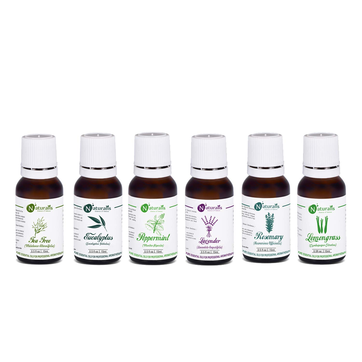 Naturalis 6-Pack 15ml Essential Oils Set - Tea Tree, Eucalyptus, Peppermint, Lavender, Rosemary & Lemongrass Oil for Aromatherapy, Diffuser, Massage & Skin Care