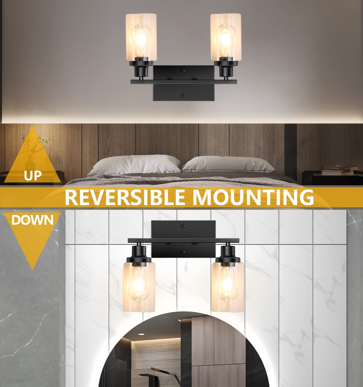 Modern Black 2-Light Bathroom Vanity Light with Glass Shade - Mirror Lighting for Bathroom & Bedroom