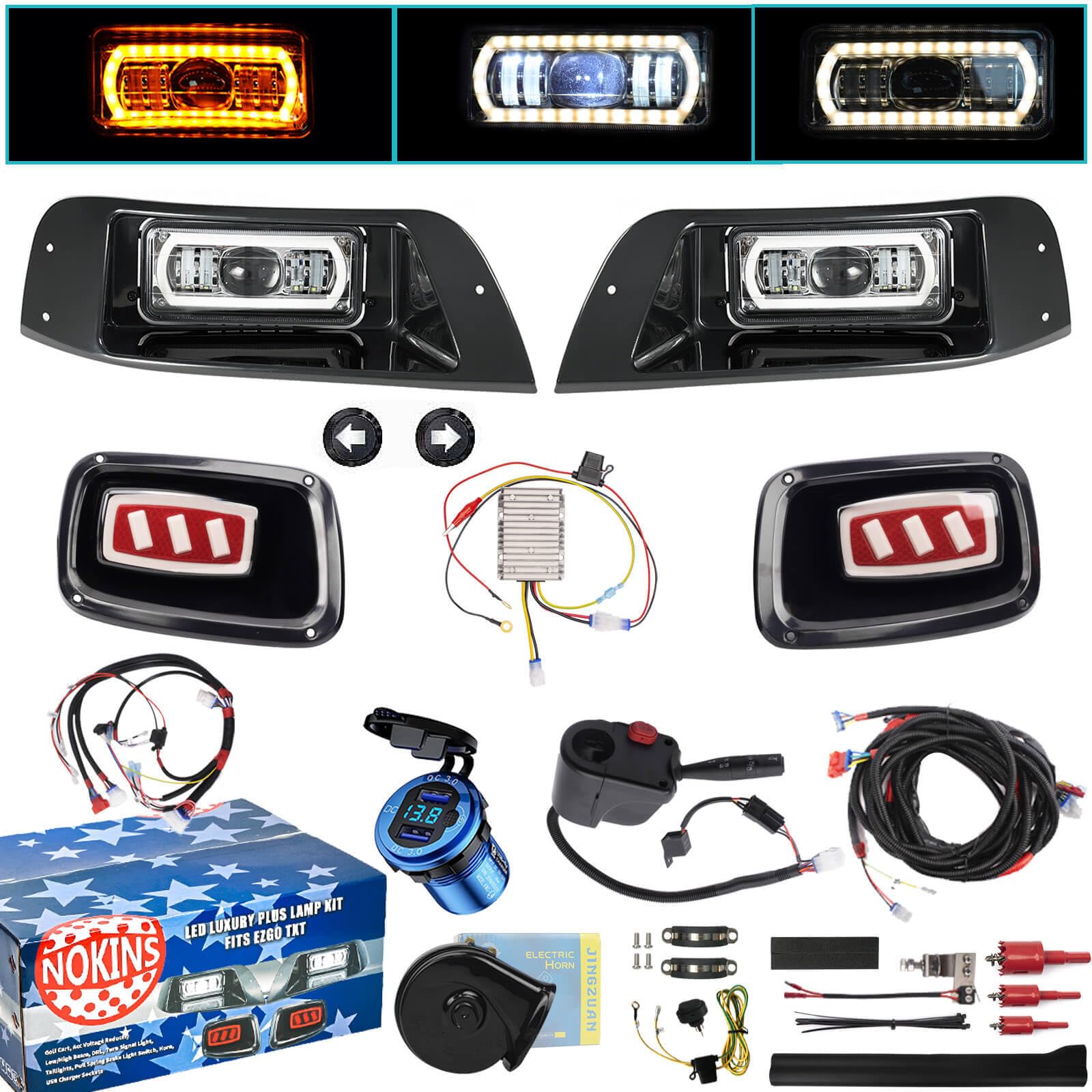 NOKINS Deluxe Plus LED Light Kit for EZGO TXT 1996-2013 Gas & Electric Golf Carts - 20A DC Converter, USB Charging Port, Low/High Beam, DRL, Delay Relay & Brake Switch - Perfect for Night Driving & Golf Course Safety