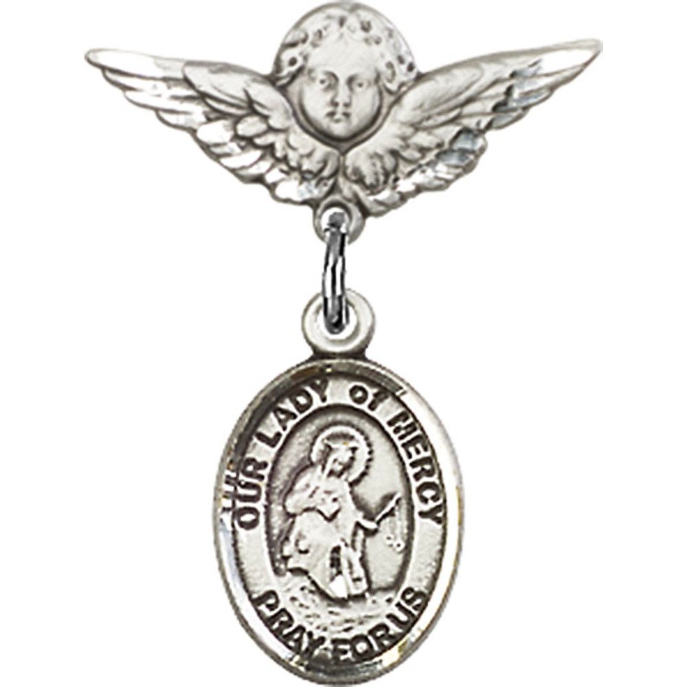 925 Sterling Silver Baby Badge with Our Lady of Mercy Charm & Angel Wing Pin - 7/8