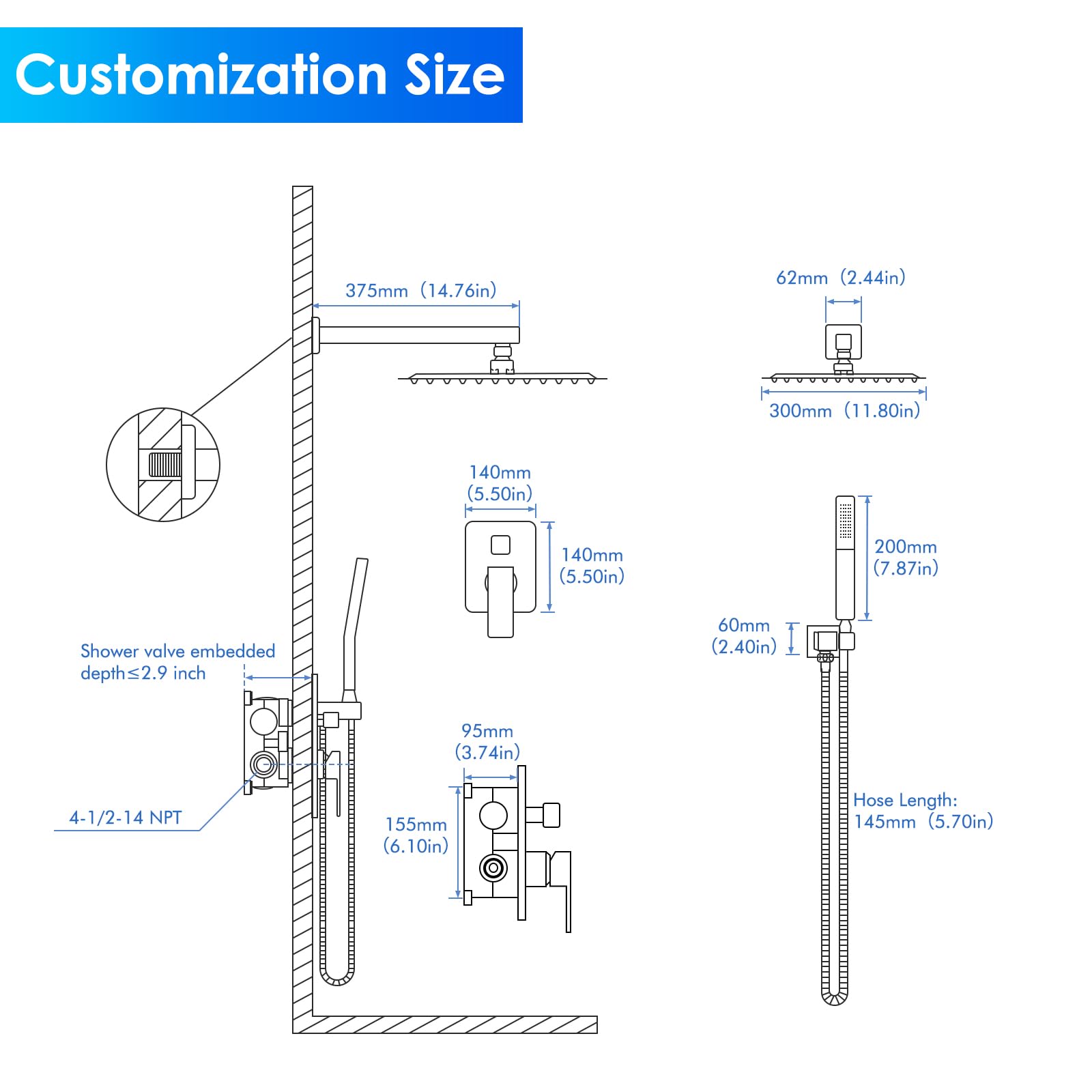 Premium Matte Black Shower Faucet Set - 12 Inch Rainfall Shower System with Square Shower Head, High Pressure Handheld Spray & Wall Mounted Valve Trim Kit for Luxury Bathroom Upgrade (Ideal for Master Bath, Spa-Like Experience)