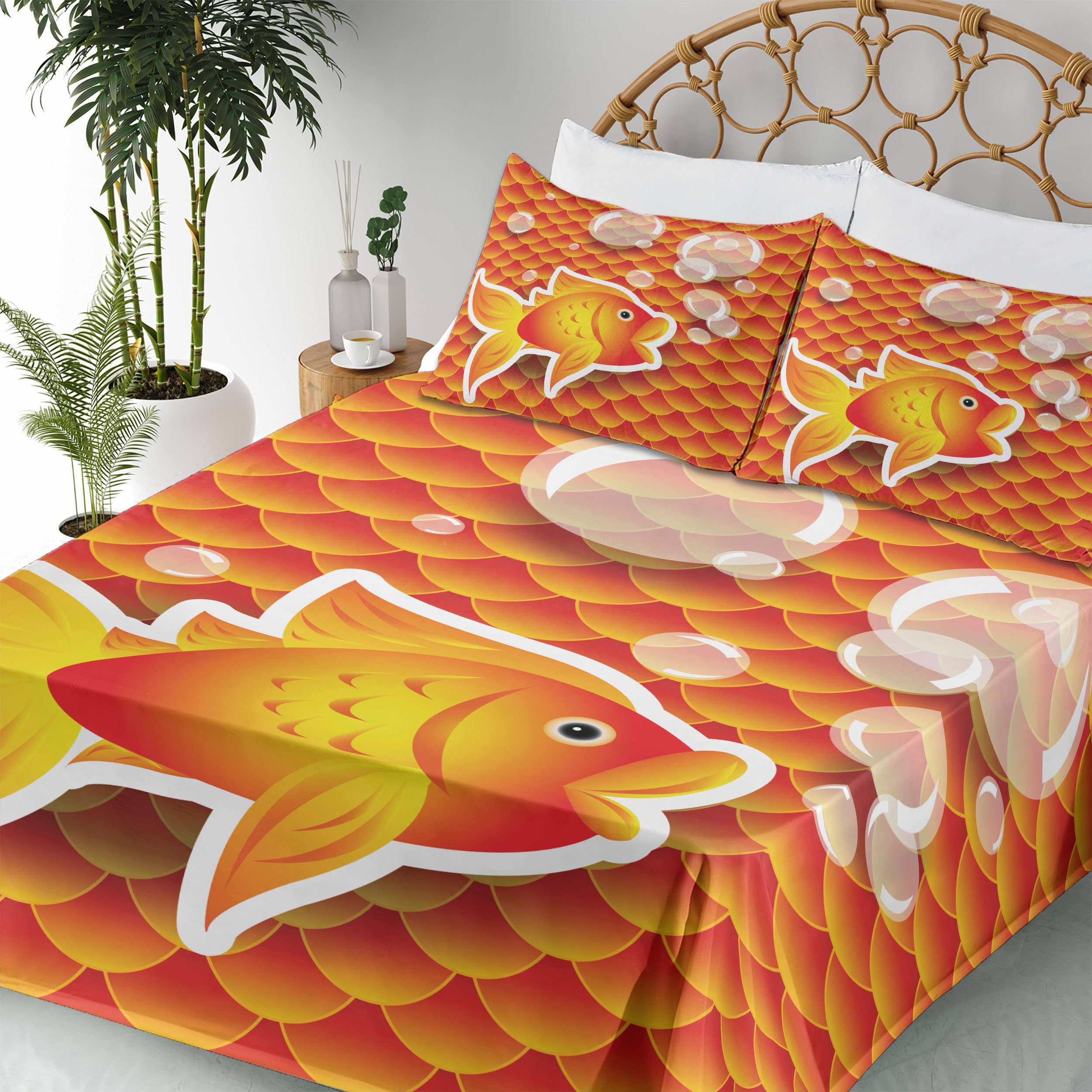 Ambesonne Orange Sheet Set - Small Goldfish & Bubbles Nautical Sea Print 3-Piece Bedding Set (Fitted Sheet, Flat Sheet & Pillowcase) for Twin XL - Burnt Orange | Perfect for Coastal Themed Bedrooms, Guest Rooms & Kids' Rooms