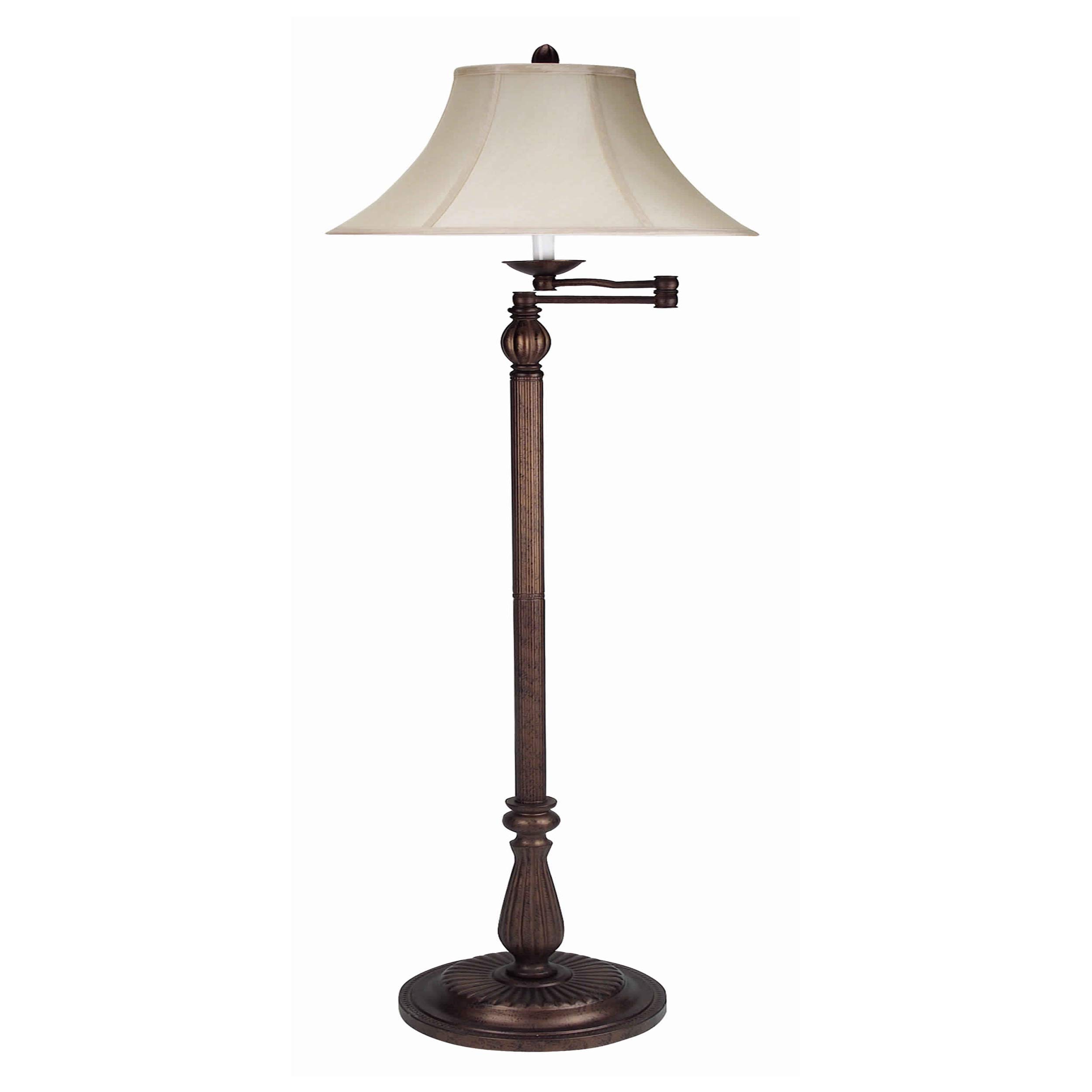 Benjara Swing Arm Metal Floor Lamp with Fabric Bell Shade - Bronze & Beige Finish for Living Room, Bedroom, or Office Lighting