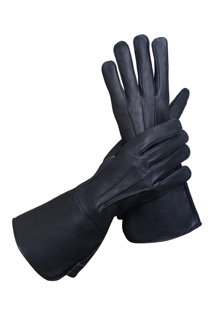 Glamtron Medieval Renaissance Gloves - Pure Lambskin Leather Cosplay Gauntlet Gloves with Long Arm Cuff - Small Size in Black - Perfect for LARP, Renaissance Fairs & Historical Reenactments