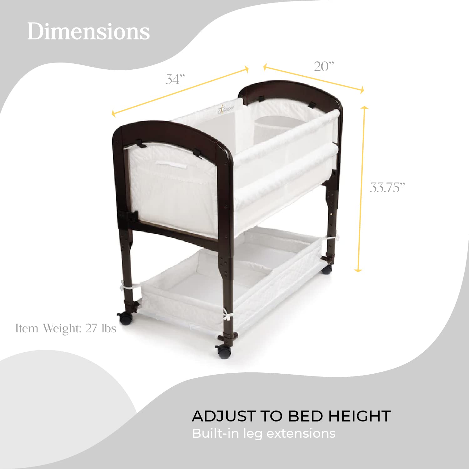 Arm’s Reach Cambria Co-Sleeper Bedside Bassinet - Adjustable Height, Breathable Mesh Sides with Storage Pockets & Large Basket, Espresso/White - Perfect for Newborns & Safe Co-Sleeping in Nursery or Master Bedroom