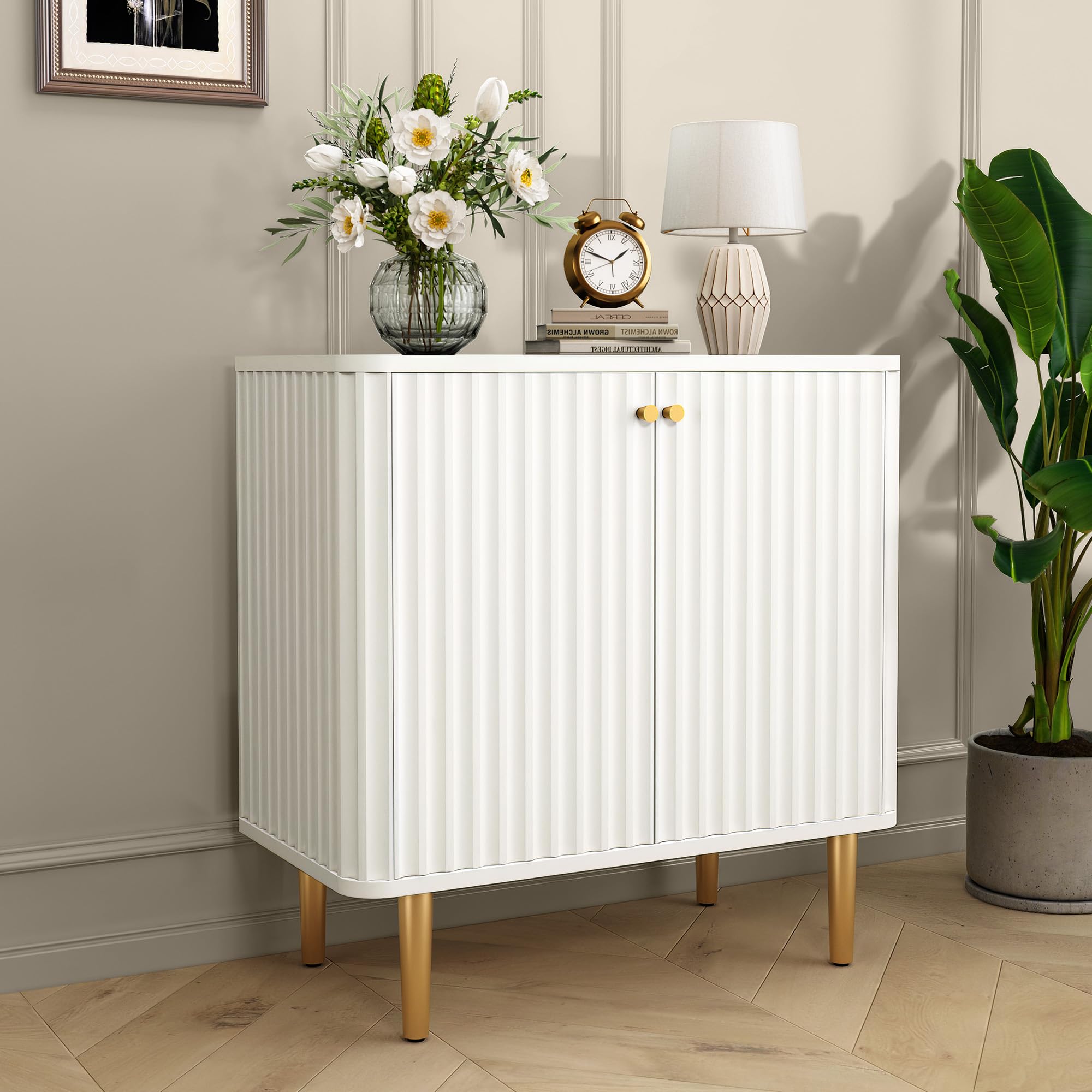 HLR Fluted Sideboard Buffet Cabinet - White Modern 2-Door Storage Credenza for Kitchen, Living Room & Entryway | Perfect for Dining Room Storage, Hallway Decor & Home Organization