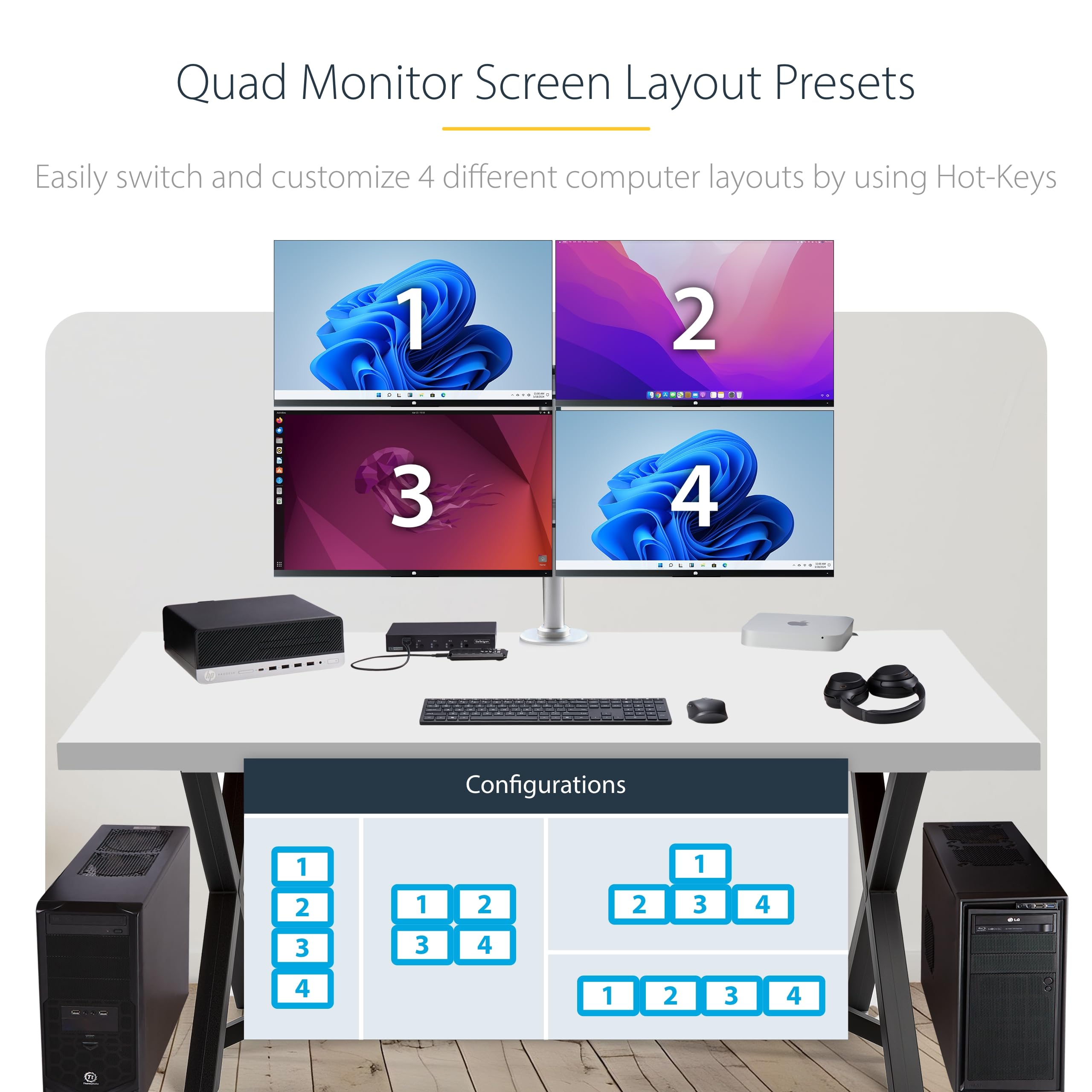 StarTech.com 4-Port USB 3.0 KVM Switch with Keyboard & Mouse Sharing, 3.5mm/USB Audio Support, TAA Compliant - Perfect for Home Office, Gaming & Multi-Computer Workstations