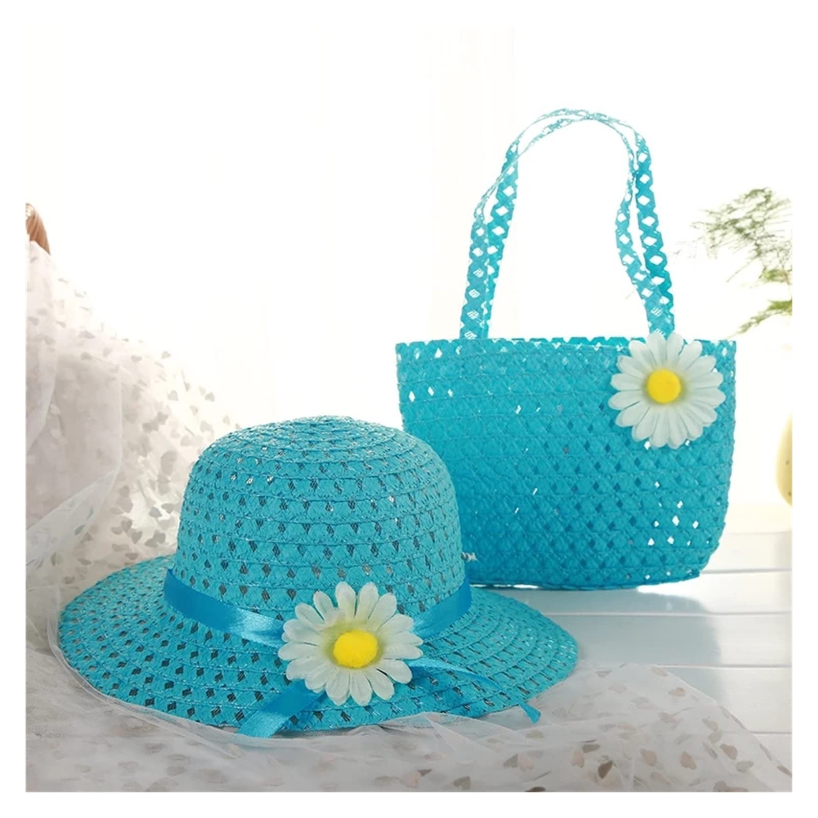 Summer Beach Hats for Elementary School Students - Wide Brim Straw Sun Hats Set with Travel Bags for Vacation & Outdoor Activities (Color A, Set Size) - Perfect for Beach Trips, School Outings & Family Holidays