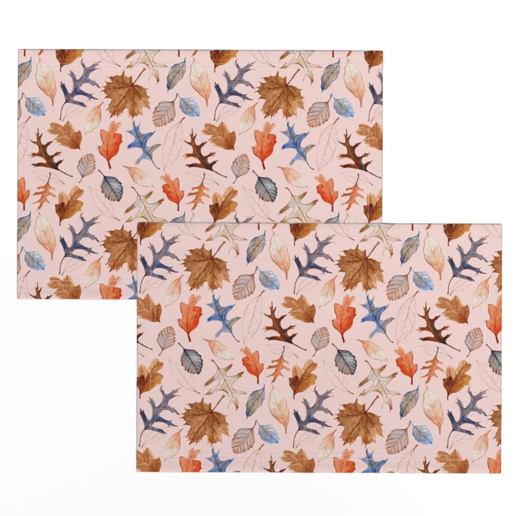 Premium Linen Cotton Canvas Placemats Set of 2 - Watercolor Fall Leaves Pink Autumn Table Mats for Dining Decor | Perfect for Thanksgiving, Dinner Parties & Seasonal Home Decor