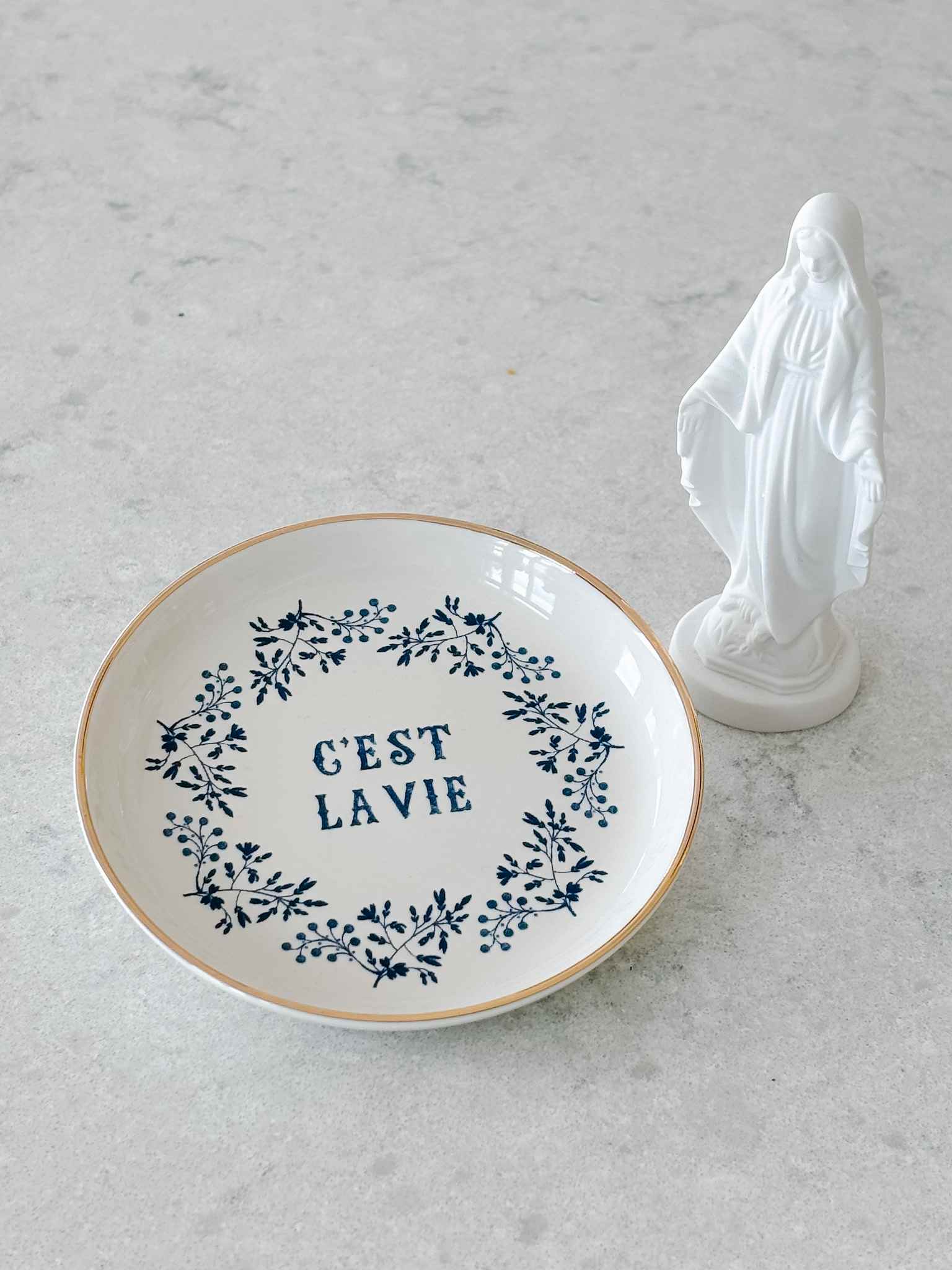 Elegant Jewelry Dish - C'est La Vie Ceramic Ring Holder & Trinket Tray - Perfect for Bathroom Vanity, Bedroom Dresser, and Wedding Gift