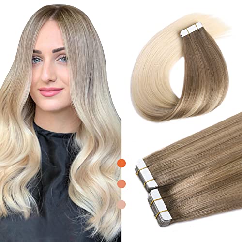 XDhair Tape In Hair Extensions - Remy Human Hair Ombre Color 8 Ash Brown to 60 Platinum Blonde - 16Inch 50g 20Pcs Real Human Hair Extensions (16, #8B/60) - Perfect for Daily Wear, Parties & Special Occasions