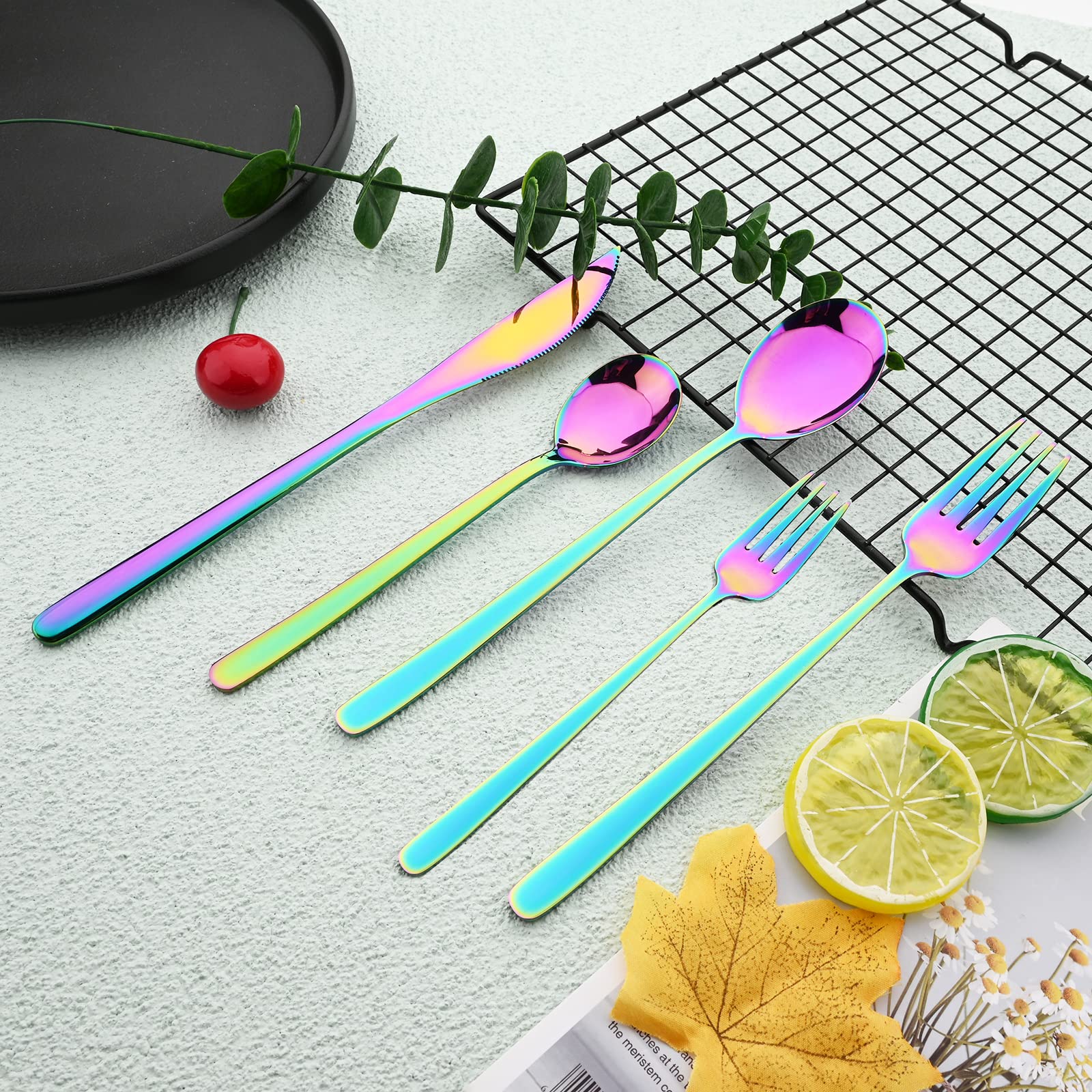 30-Piece Korean Style Silverware Set - Reusable SUS304 Stainless Steel Fork & Spoon Set - Mirror Finish Rainbow Utensils - Dishwasher Safe & Portable Flatware for Picnics, Parties & Home Dining