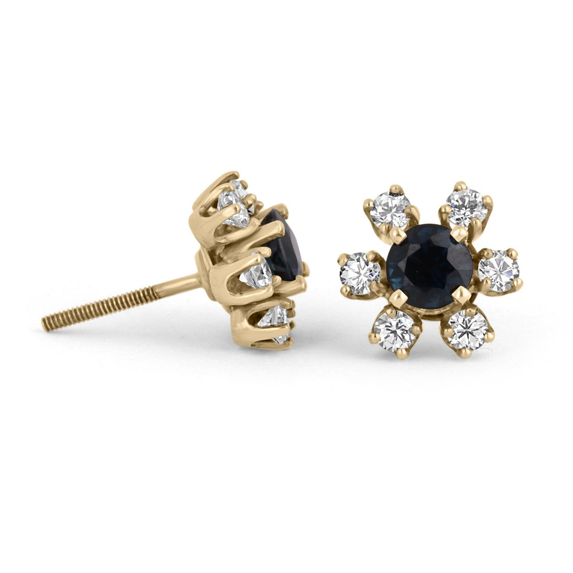 2.10tcw Natural Sapphire & Diamond Halo Vintage Floral Stud Earrings in 14K Yellow Gold - Perfect for Weddings, Anniversaries & Special Occasions