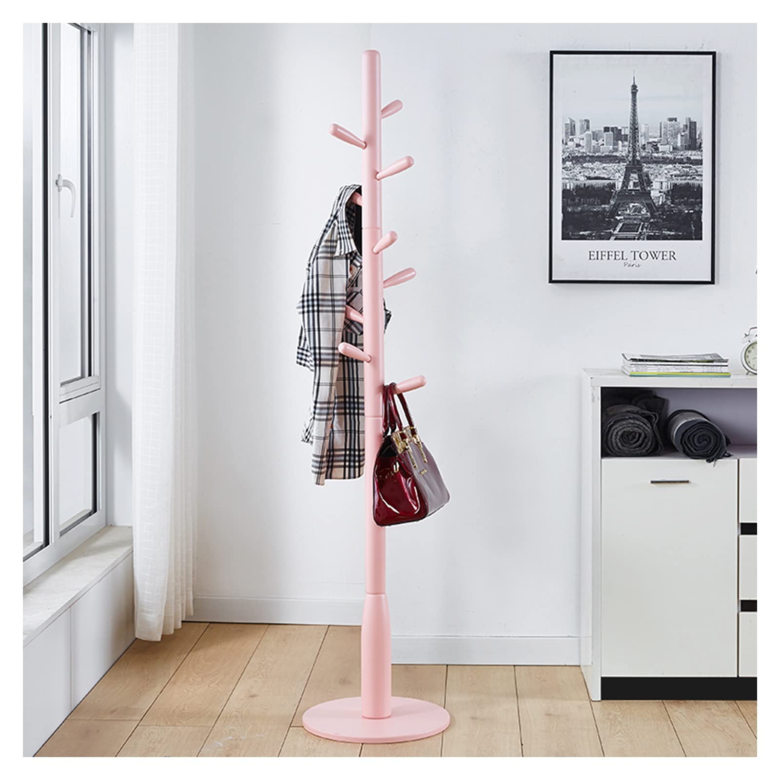 Freestanding Wooden Coat Rack with 9 Hooks - Easy Assembly Solid Wood Clothes Hanger Stand for Jackets, Hats, Scarves & Umbrellas - Perfect for Entryway, Hallway, Bedroom or Office - Pink Color