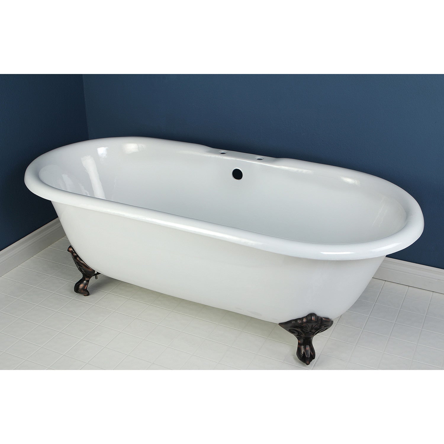 Aqua Eden 66 Inch White Cast Iron Clawfoot Bathtub with Oil Rubbed Bronze Feet - Double Ended Oval Soaking Tub (7 Inch Faucet Drillings) - Perfect for Vintage Bathroom & Luxury Spa Retreats