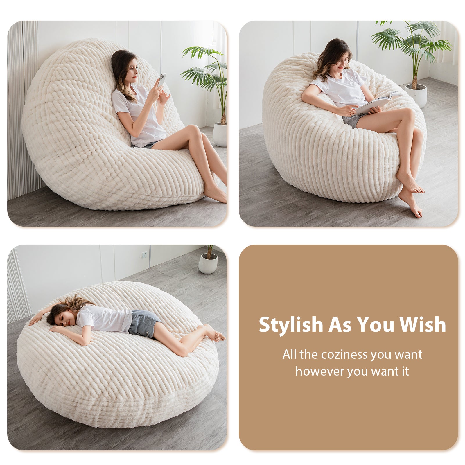 MAXYOYO Giant Round Bean Bag Chair for Adults - Soft Striped Faux Fur Oversized Lounger (Beige) | Perfect for Living Room, Bedroom, Game Room & Dorm Relaxation