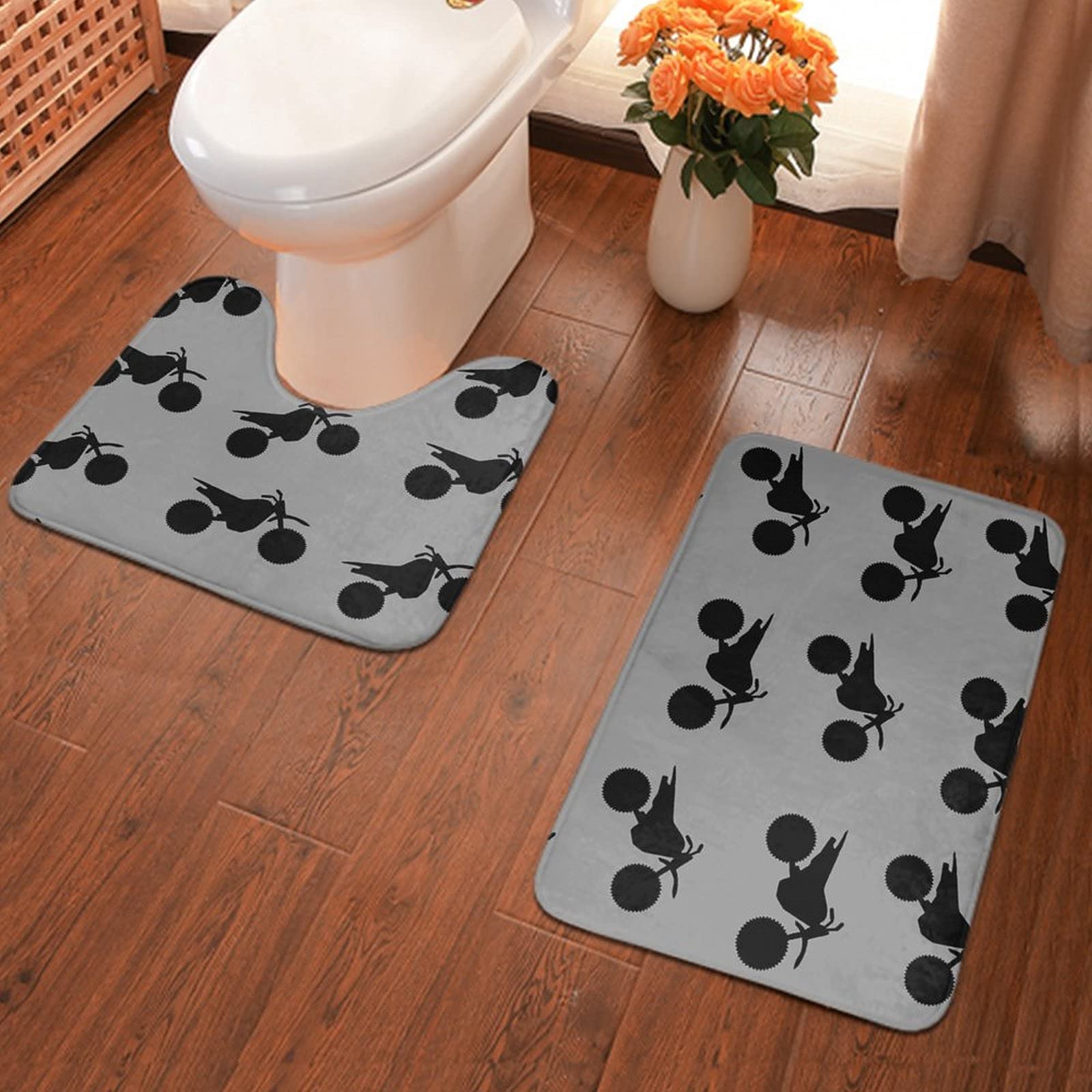 **Non-Slip Absorbent Bathroom Rugs Set - 2-Piece Bath Mat & U-Shaped Toilet Rug, Soft Microfiber for Tub, Shower & Bathroom - Perfect for Motorcycle & Dirt Bike Enthusiasts (Black & Grey)**    *(Use Case: Ideal for bathroom safety, stylish decor, and easy cleaning - great for homes, apartments, and motorcycle-themed spaces.)*
