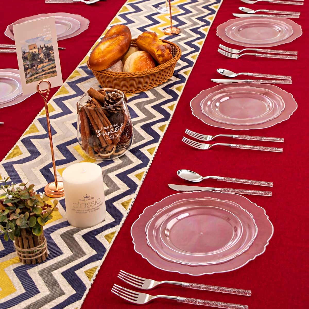 Ciaell 150PCS Clear Silver Plastic Plates & Disposable Cutlery Set with Glitter Bamboo Handle - Elegant Baroque Disposable Tableware for Weddings, Parties, and Events - Perfect for Birthday Celebrations, Bridal Showers, and Formal Dinners