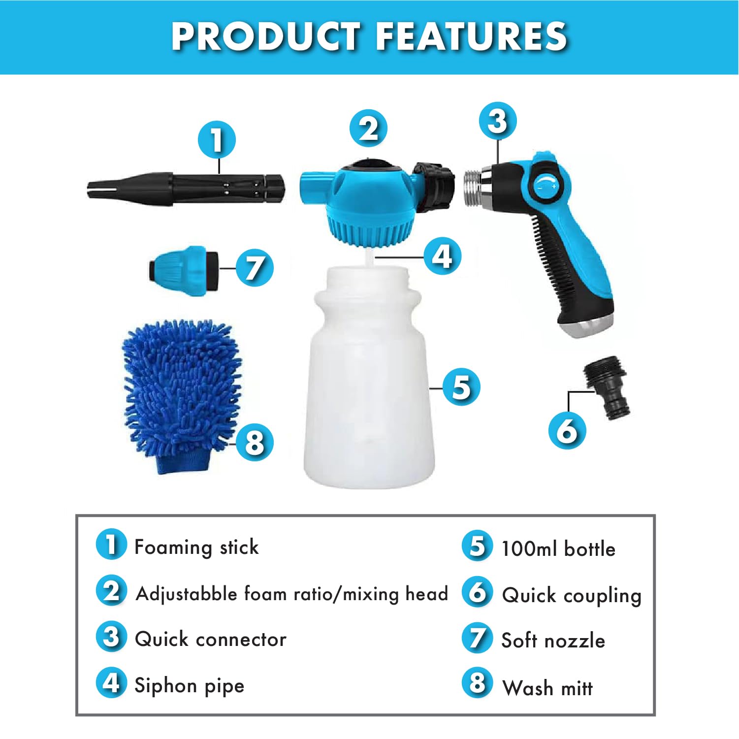 Premium Car Wash Foam Cannon & Microfiber Mitt Kit - High Pressure Foam Sprayer with Garden Hose Attachment - Auto Detailing Accessories for Deep Cleaning - Perfect for Sedans, SUVs, Trucks & Motorcycles (Blue)