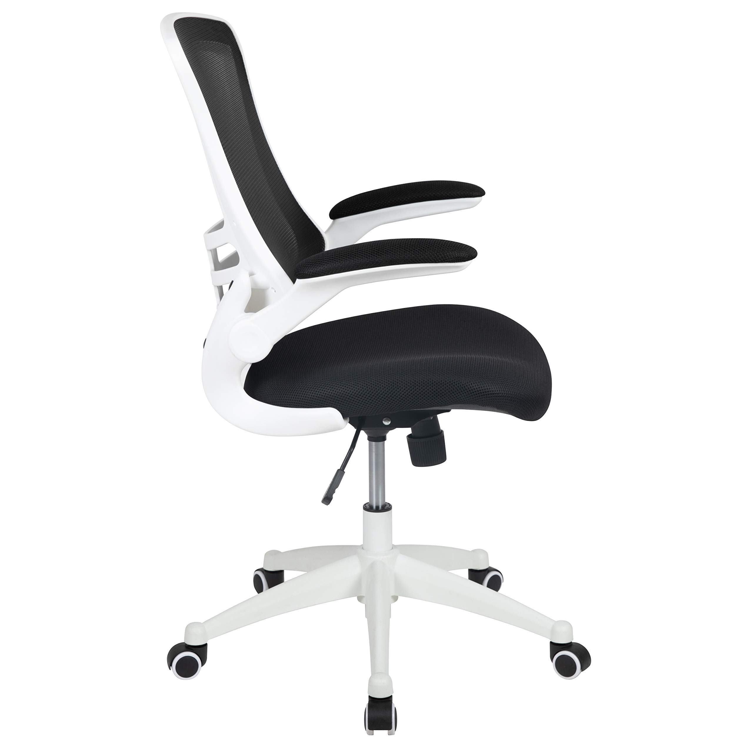 EMMA + OLIVER Black Mesh Ergonomic Office Chair with White Frame - Mid-Back Swivel Task Chair with Flip-Up Arms for Home Office, Gaming & Workspace Comfort