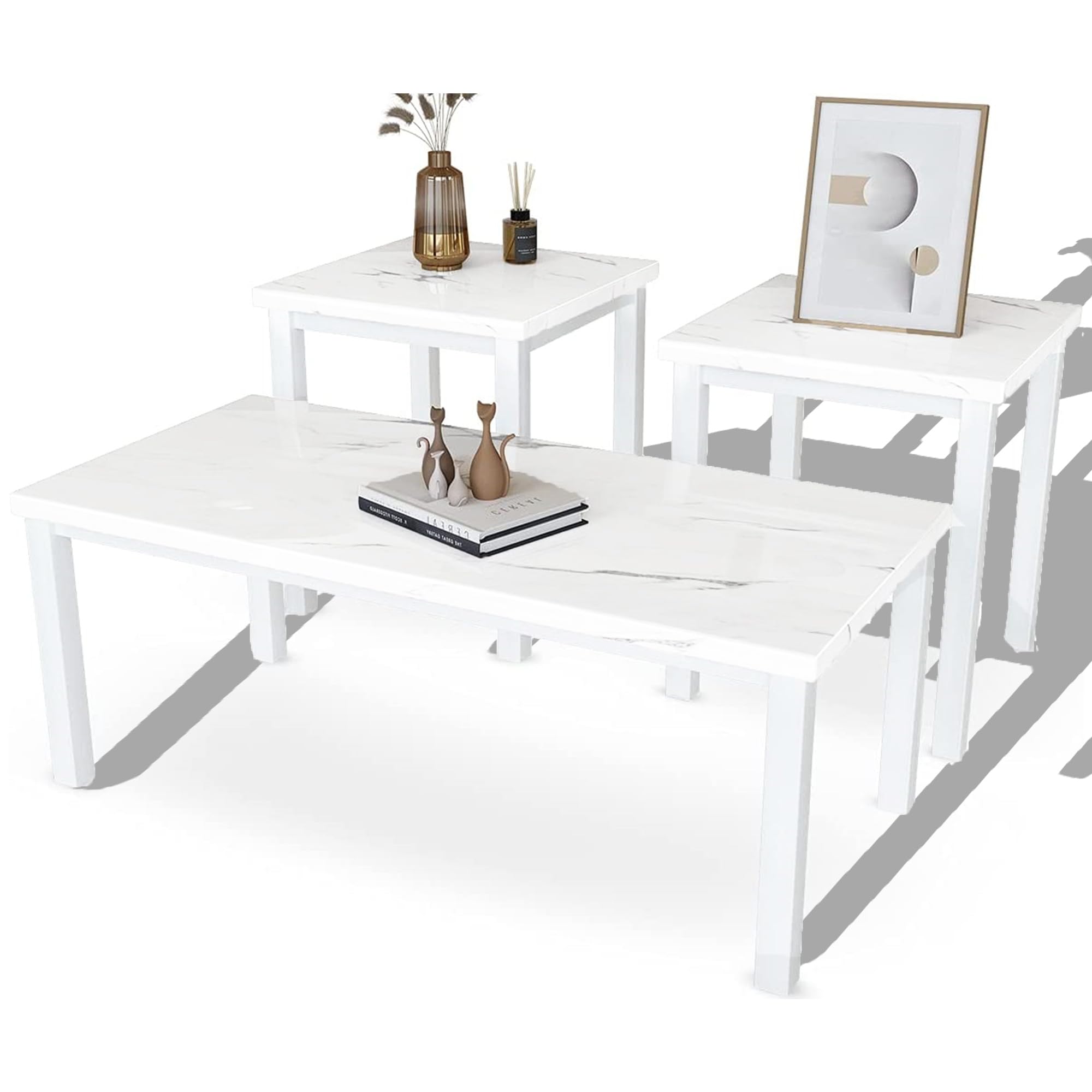 DKLGG 3-Piece Faux Marble Coffee Table Set with Metal Frame - Modern Living Room Table Set Includes Coffee Table & 2 End Tables - Perfect for Apartment, Sofa Side Tables, Home Decor & Accent Furniture - Ideal for Small Spaces, Family Gatherings & Coffee Time