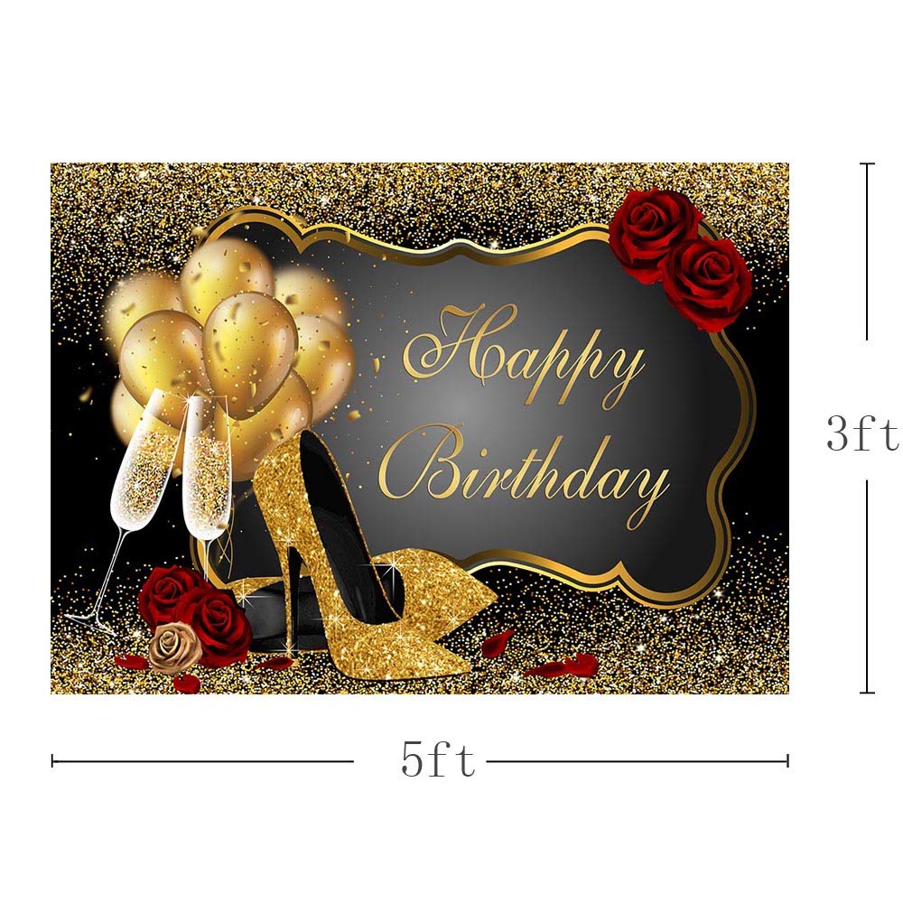 MEHOFOND 5x3ft Black & Gold Birthday Photo Backdrop with Glitter Heels, Balloons & Champagne - Elegant Women's Birthday Party Decor for Photography, Social Media & Special Celebrations