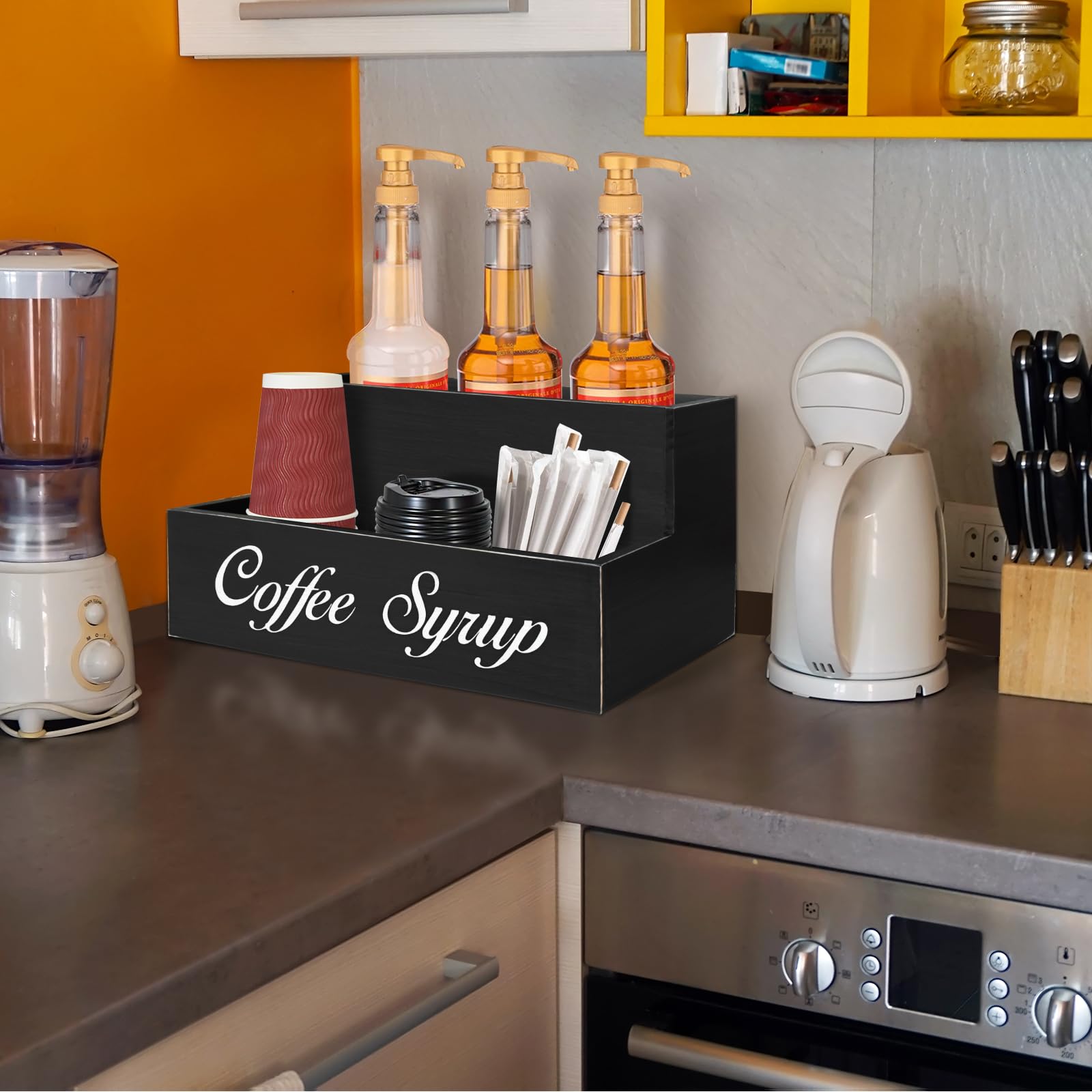 2-Tier Wooden Coffee Bar Organizer with 6 Syrup Bottles - Countertop Coffee Station Accessories for Espresso, Latte & Cappuccino - Farmhouse-Style Condiment Rack for Coffee Lovers (Perfect for Home Kitchens & Coffee Shops)