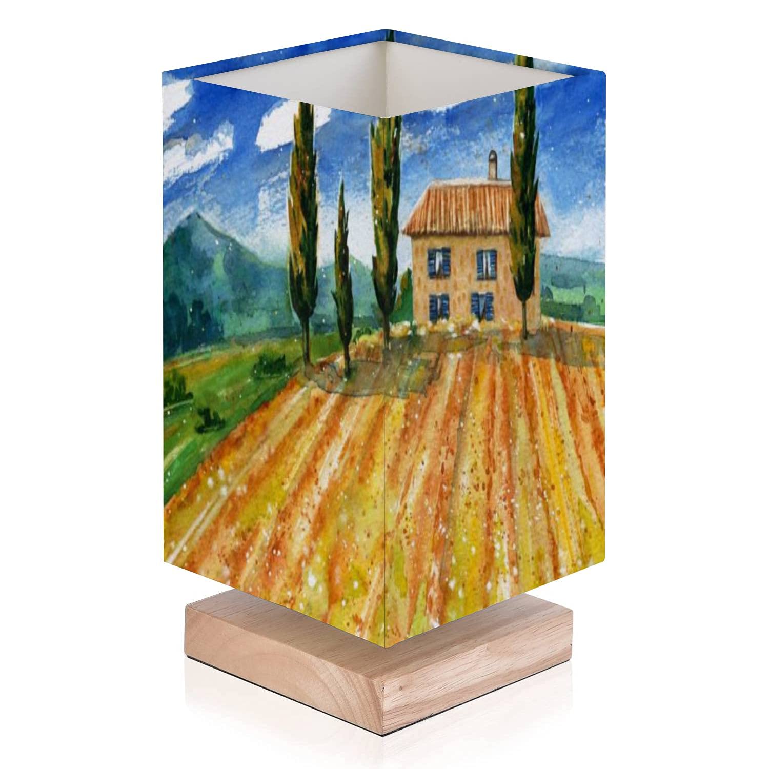 Italian Country Landscape Watercolor Table Lamp - Modern Tuscan Style Bedside Nightstand Lamp with Solid Wood Base & Flaxen Fabric Shade for Bedroom, Living Room, Office | Perfect Gift Idea for Home Decor & Cozy Reading Nights