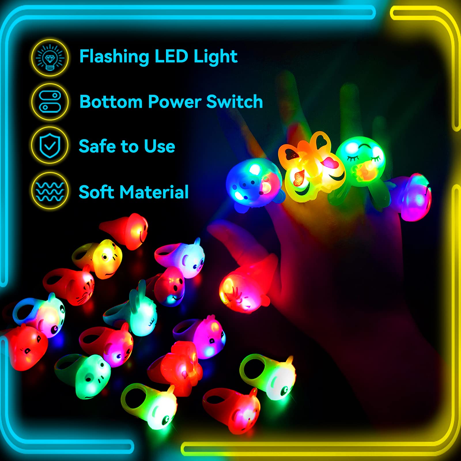 Wakestar 24 Pack LED Light Up Bumpy Rings - Glow Party Favors for Kids, Birthday Prizes, Classroom Rewards & Treasure Box Toys - Fun for Night Parties, Halloween & Christmas Celebrations